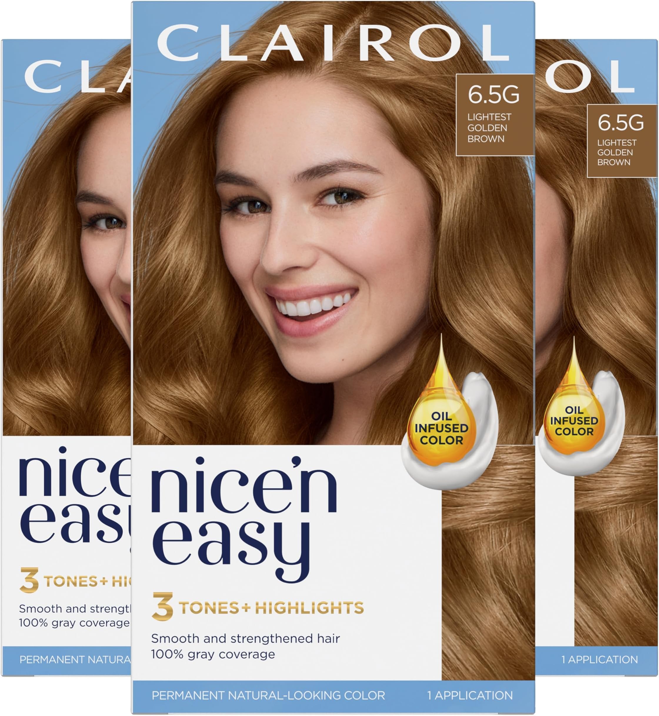 Clairol Nice 'n Easy Permanent Hair Color, 6.5G Lightest Golden Brown, 3 Count (Packaging May Vary)
