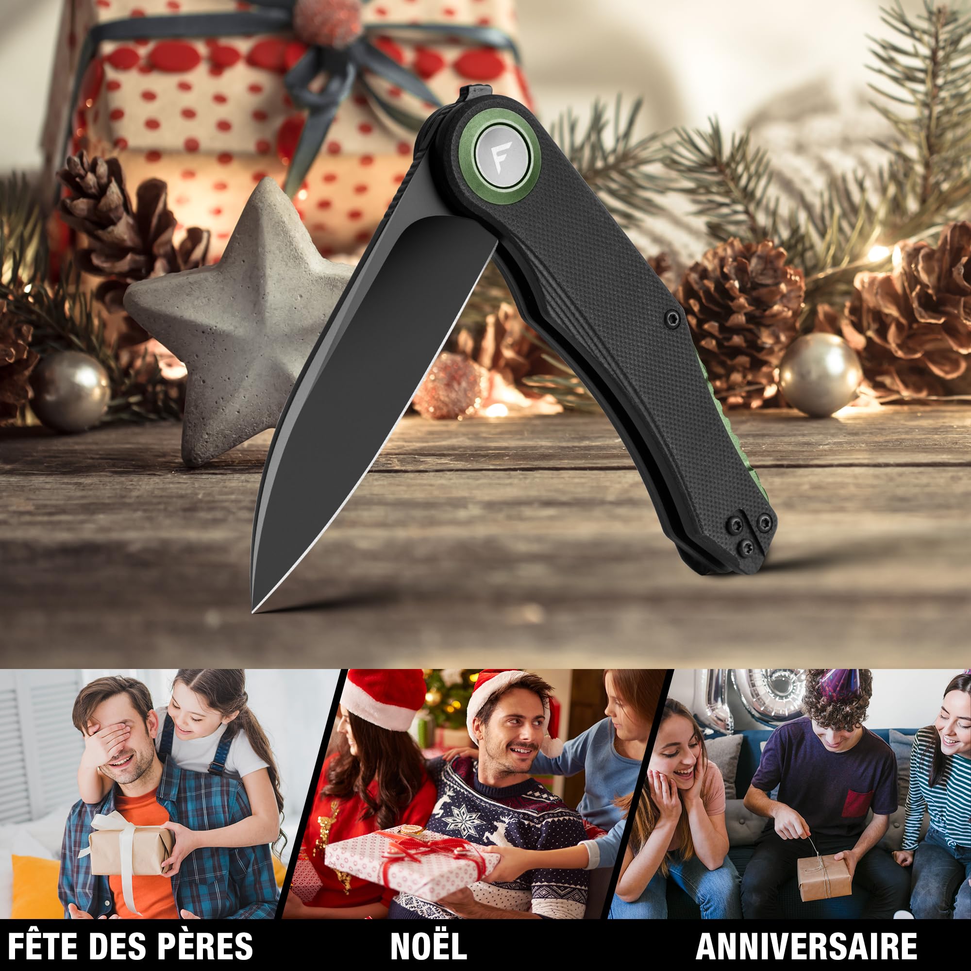 FLISSA Couteau Pliant EDC en Acier D2 avec Manche G10 Noir et Accents Vert Olive, Couteau Compact à Lame Noire 8 cm pour Camping, Randonnée et Usage Quotidien
