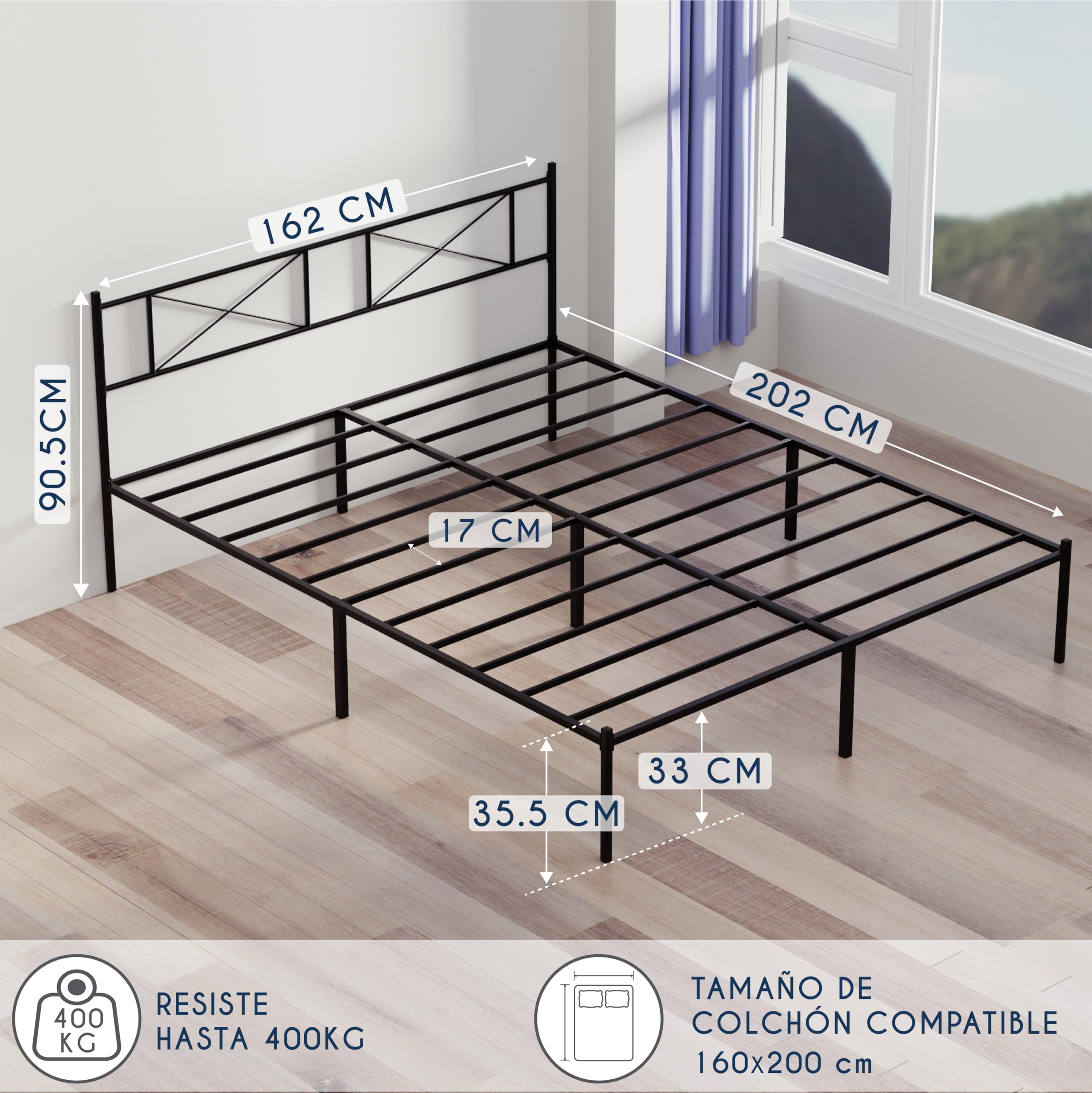 Dreamzie Marco de Cama 160x200 con Somier - Somier para Cama 160x200 con pies - Marcos de Camas con Cabecero - Altura de 35cm Montaje Sencillo y Espacio de Almacenamiento