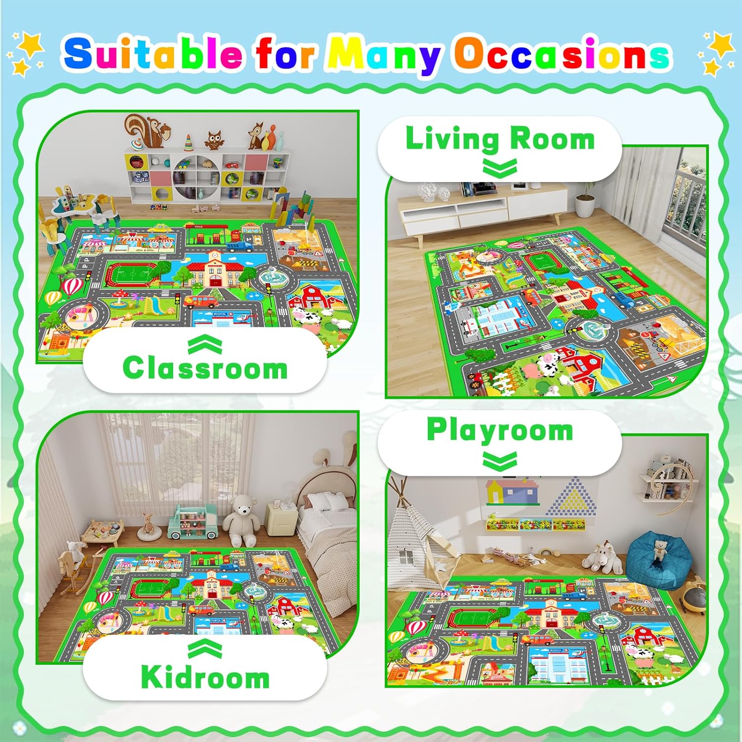 Kids Car Playmat, Kids Rug for Playroom Car Mat Town City Road Traffic Rugs, Play Mat for Floor, Extra Large Boys Kid Car Track Play Rug (Style SIX, 59X 39.4 INCH)