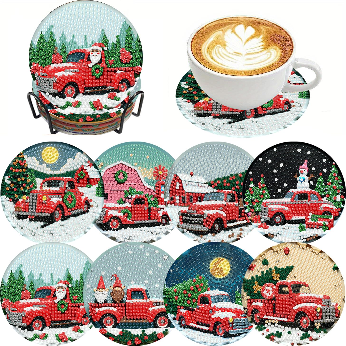Clendo 8 PCS Christmas Red Truck Diamond Art Coaster Kits with Holder - Diamond Painting for Adults Beginners - 5D Gem Art Dots Paintings with Cork Pads - Crafts Supplies