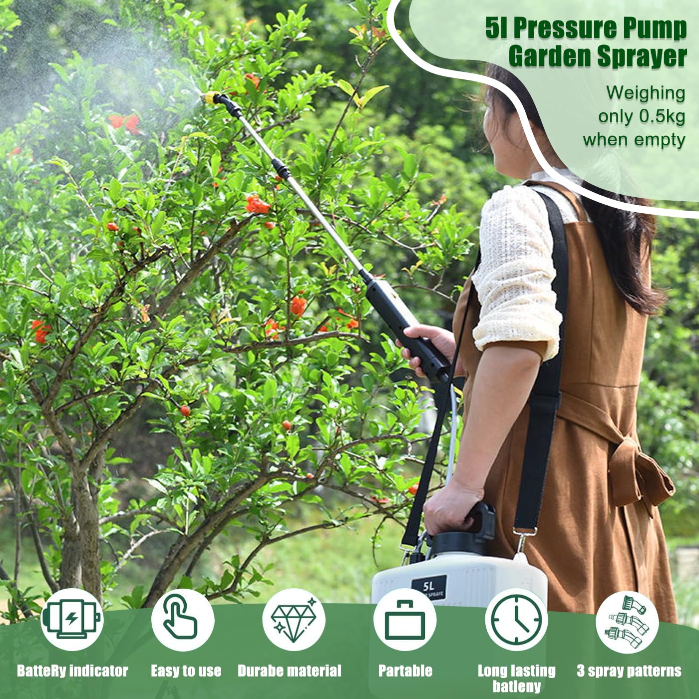 5l Pressure Pump Garden Sprayer, Electric Pompa Irroratrice a Batteria Spruzzatore a Pressione with 3 Mist Nozzles, Retractable Wand, USB Rechargeable, Outdoor Weed Water Sprayer Blue