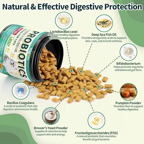 Miniatura 4 de Probióticos masticables sabrosos para gatos, 500 masticables de textura crujiente y cremosa, aceite de pescado Omega-3, salud de la piel y el