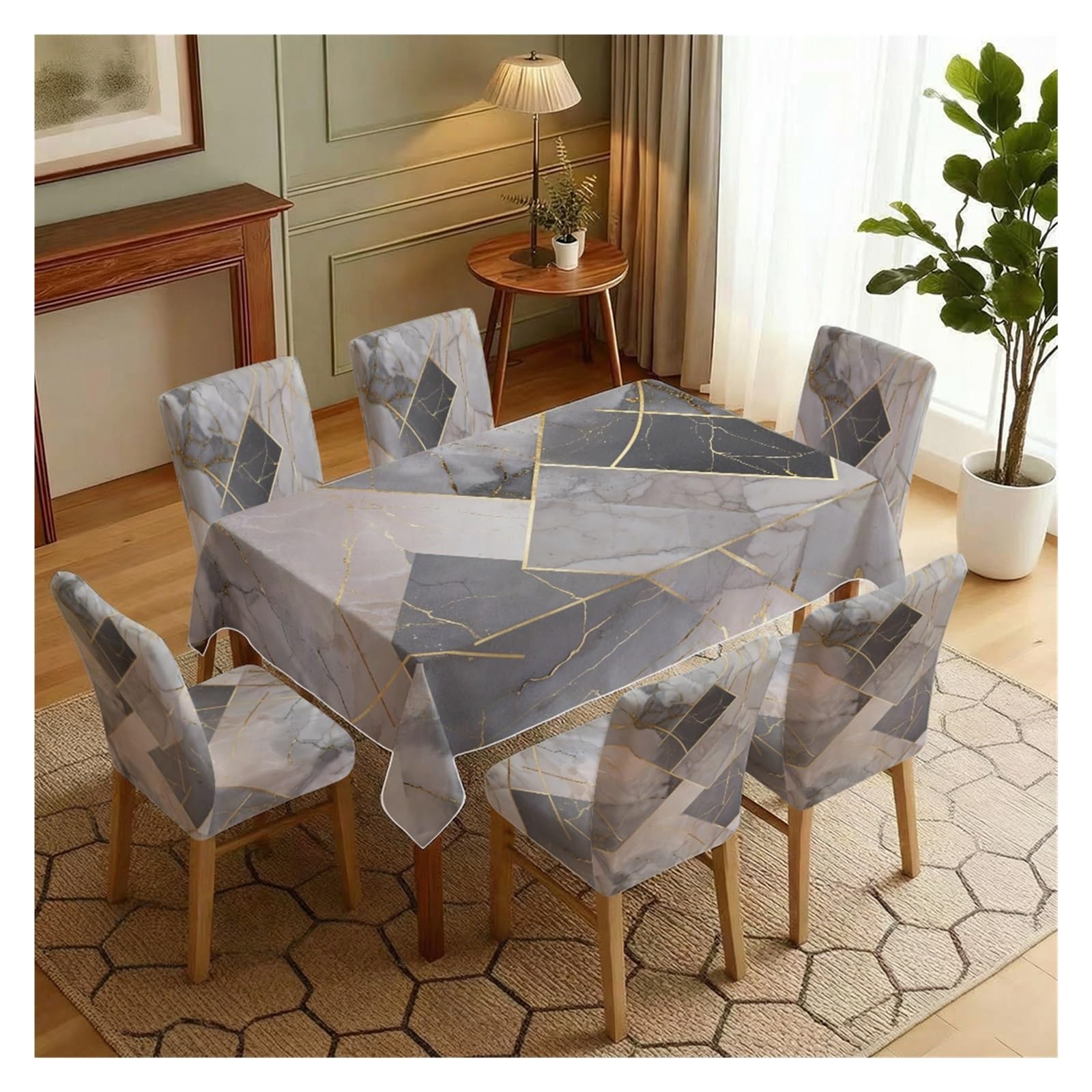 KXUAUV Grey Marble Gold Geometric Print Tablecloth & Chair Covers Set, Stretch Slipcovers For Modern, Wedding & Banquet Decor, 5/7 Pack Party Decor(7pcs Set: Tablecloth+Chair Covers)