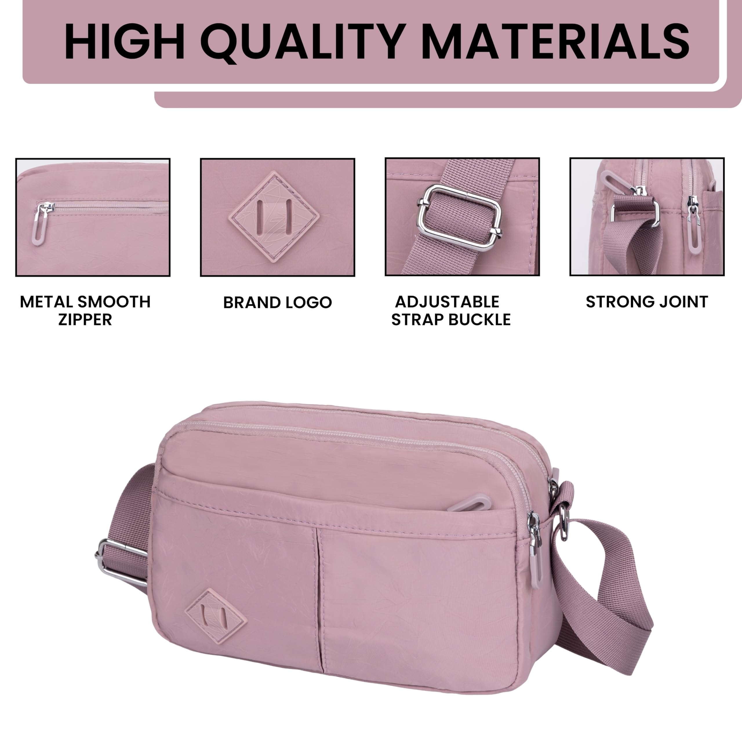 PRANIJ Women’s Crossbody Bag – Lightweight Waterproof Shoulder Bag with Multiple Pockets, Adjustable Strap, Stylish Travel Purse for Everyday Use (Orchid Blush)