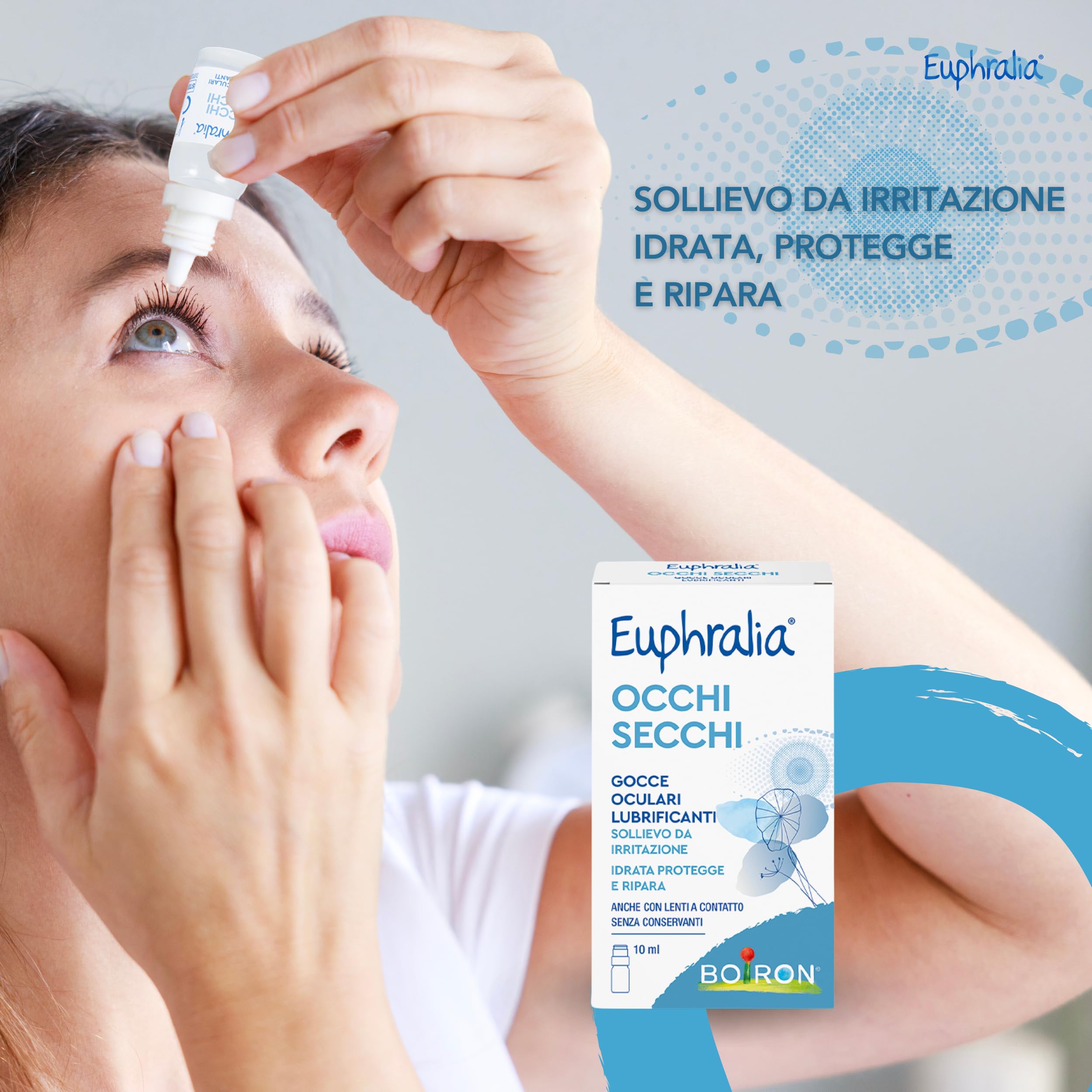 Euphralia Occhi Secchi - Gocce Oculari Lubrificanti, Rimedio contro Secchezza Oculare, Azione Protettrice e Riparatrice, con Acido Ialuronico, Ginkgo Biloba - Flacone da 10 ml + Panno Occhiali