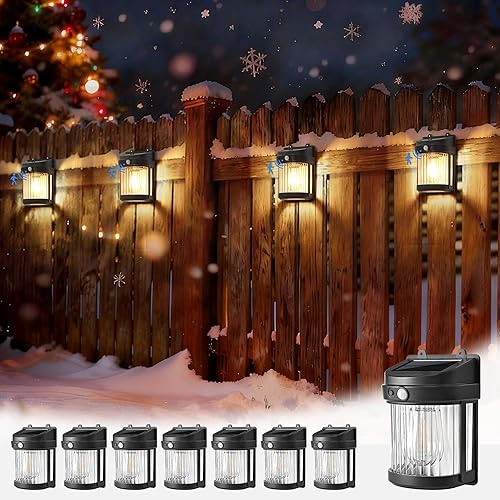 Luces solares para valla, paquete de 8 regalos de Navidad, luces solares de movimiento para exteriores, 3 modos para cobertizo, patio, puerta