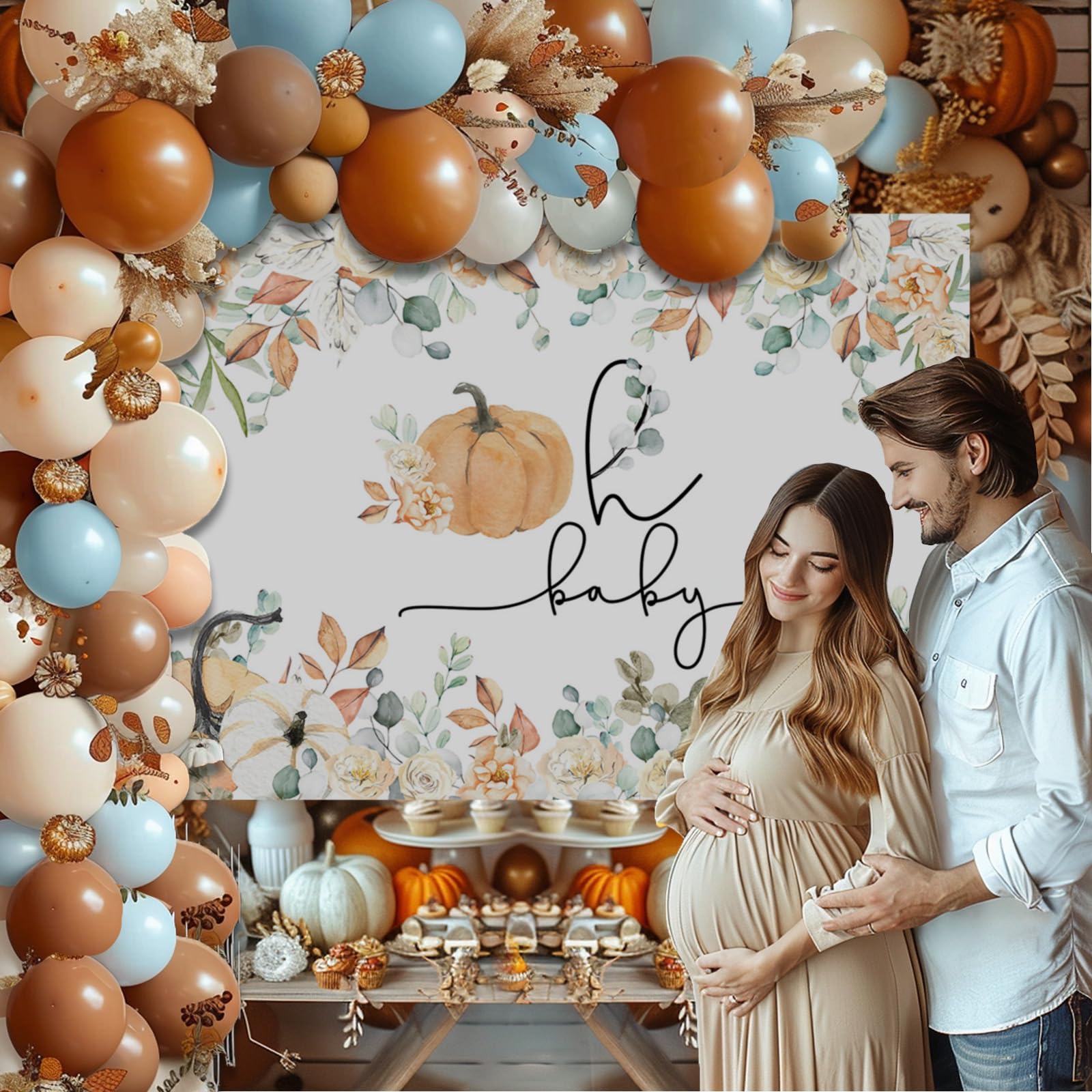 Mocsicka Baby Shower Hintergrund 'A Little Pumpkin' – 2,1x1,5 M, Vinyl, Herbst-Design Mit Kürbis & Eukalyptus, Für Fotografie & Deko