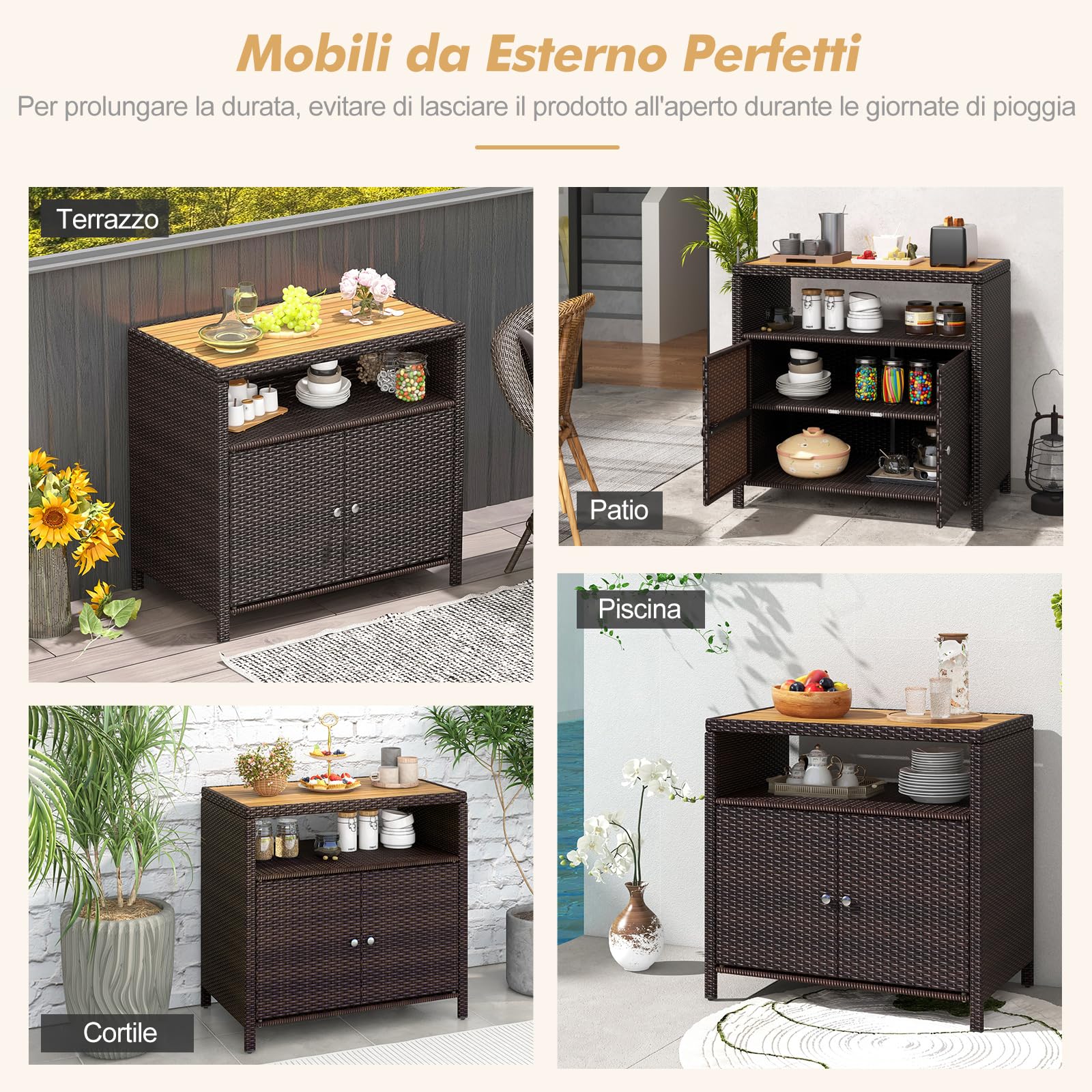 COSTWAY Armadietto Portaoggetti in Rattan, Mobile Buffet per Esterni in Legno di Acacia, Con Compartimento Aperto e Armadio Chiuso a 2 Ante, per Piscina, Terrazza e Patio, 90 x 53 x 86 cm (Marrone)