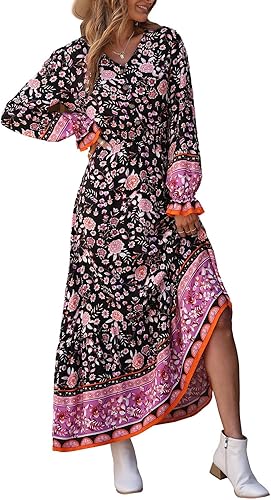 PRETTYGARDEN Long Sleeve Maxi Dress for Women V Neck Casual Button Down Boho Long Floral Dresses