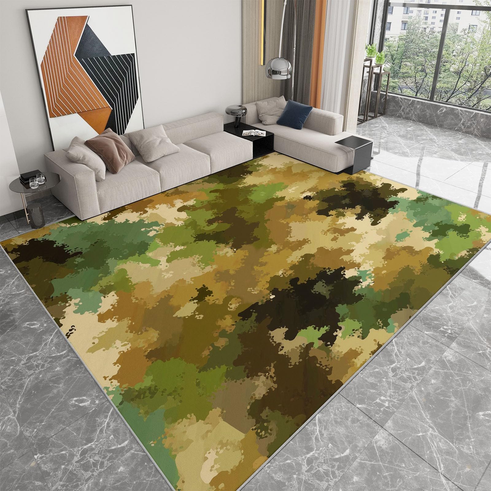 Tapis de salon vert 120x170 cm poil court motif camouflage antidérapant et résistant