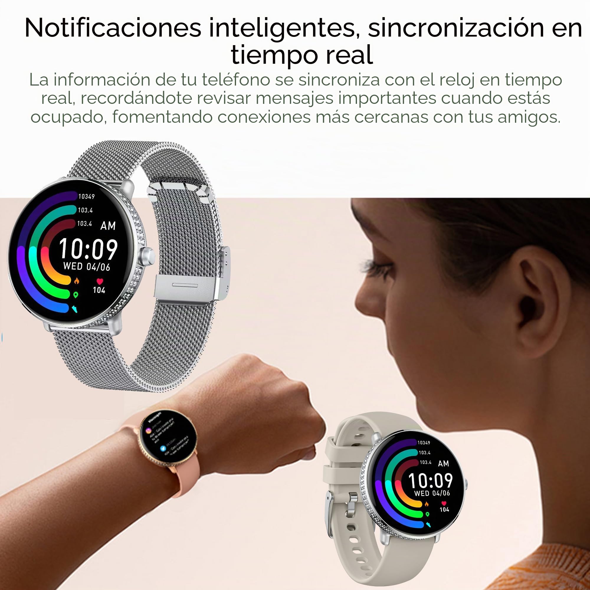 ZPIMY 1,19" AMOLED Reloj Inteligente Mujer con Llamada y Whatsapp, 5ATM Impermeable Reloj Smartwatch 123 Deportivo Hombre con Monitor Sueño, Pulsómetro Android iOS (Plateado)