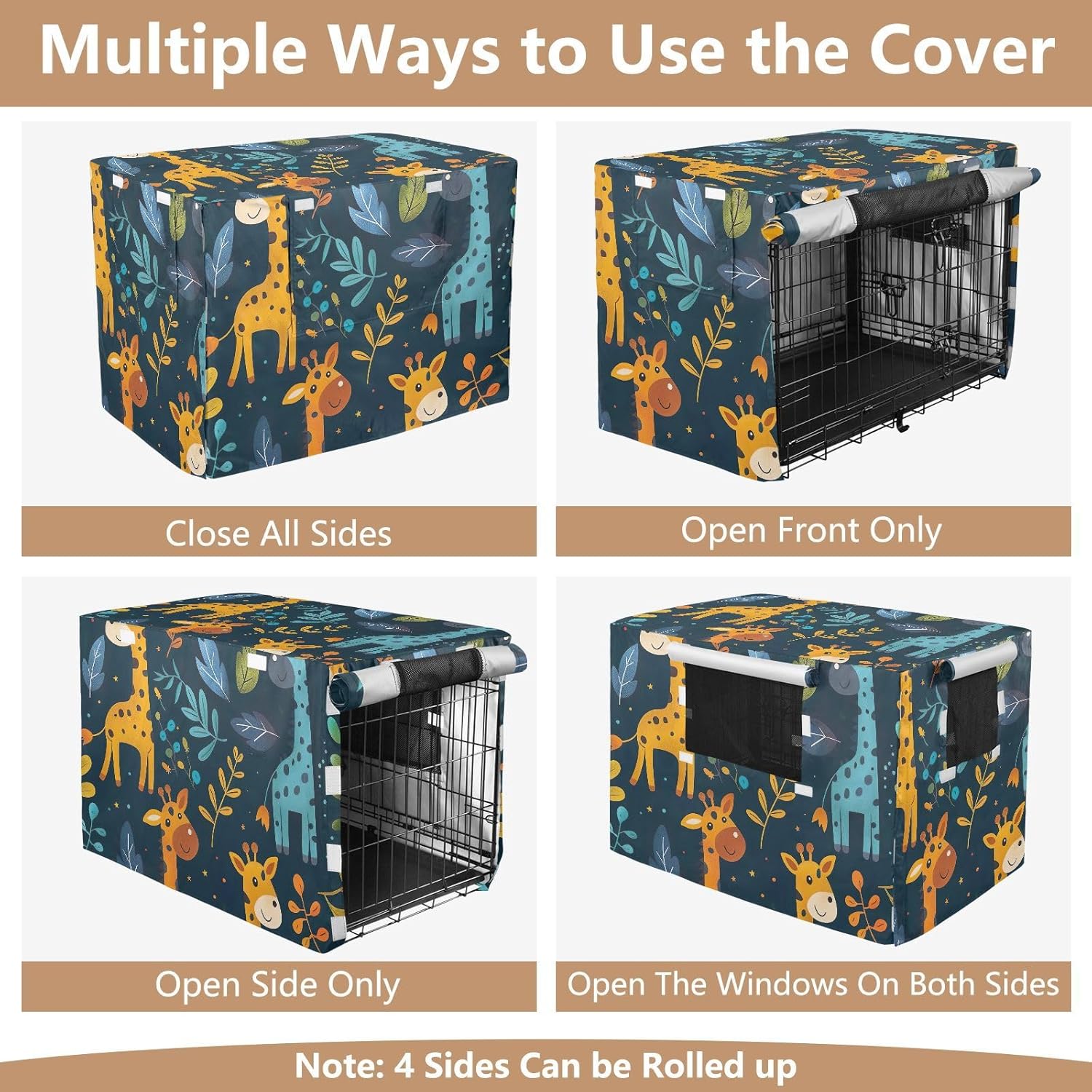 Cute Cartoon Giraffes Dog Crate Cover Breathable, S-XL Washable Covers for Pet Cages, X-Large