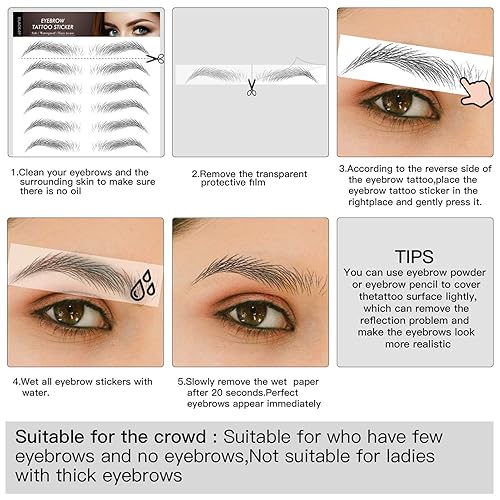Miniatura 7 de Aresvns Tatuaje de cejas para hombres. Cejas falsas realistas, 88 pares de calcomanías de transferencia de cejas de imitación 4D, tamaños adecuados