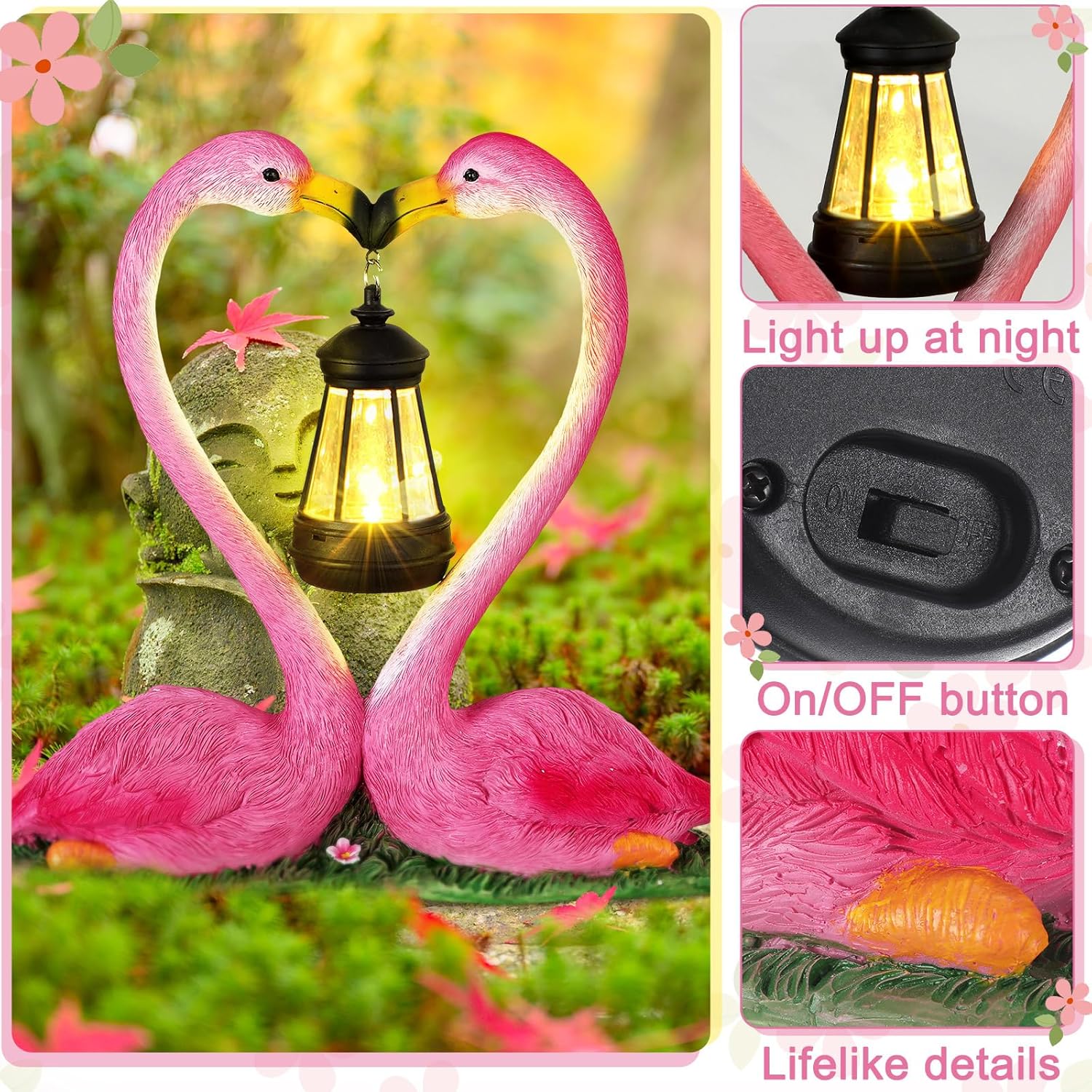 Reallnaive Outdoor Solar Lawn Flamingo Lights for Mom Waterproof Garden Kissing Flamingo Heart Decoration with LED Decoration for Summer Party Favors Gifts Yard Patio Lawn Courtyard Centerpiece Decor