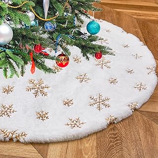 B-COOL White Christmas Tree Skirt Faux Fur Tree Skirt Sequin Tree Carpet Gold Glitter Tree Skirting Double Layers for Party Xmas Holiday Party Decorations 24inch Round Tree Skirt