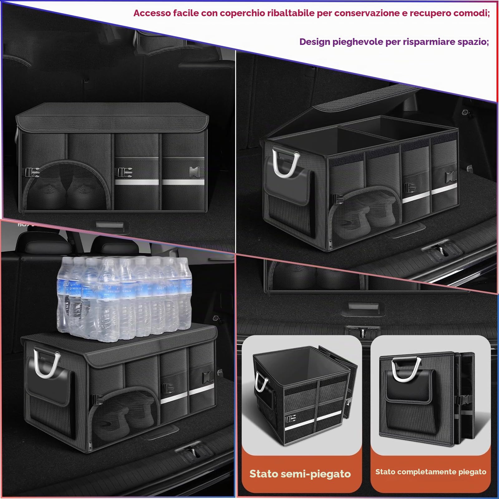 Borsa per bagagliaio, Sacchetto di organizzazione per bagagliaio di auto, pieghevole per auto, con scomparti, fondo antiscivolo, coperchio pieghevole
