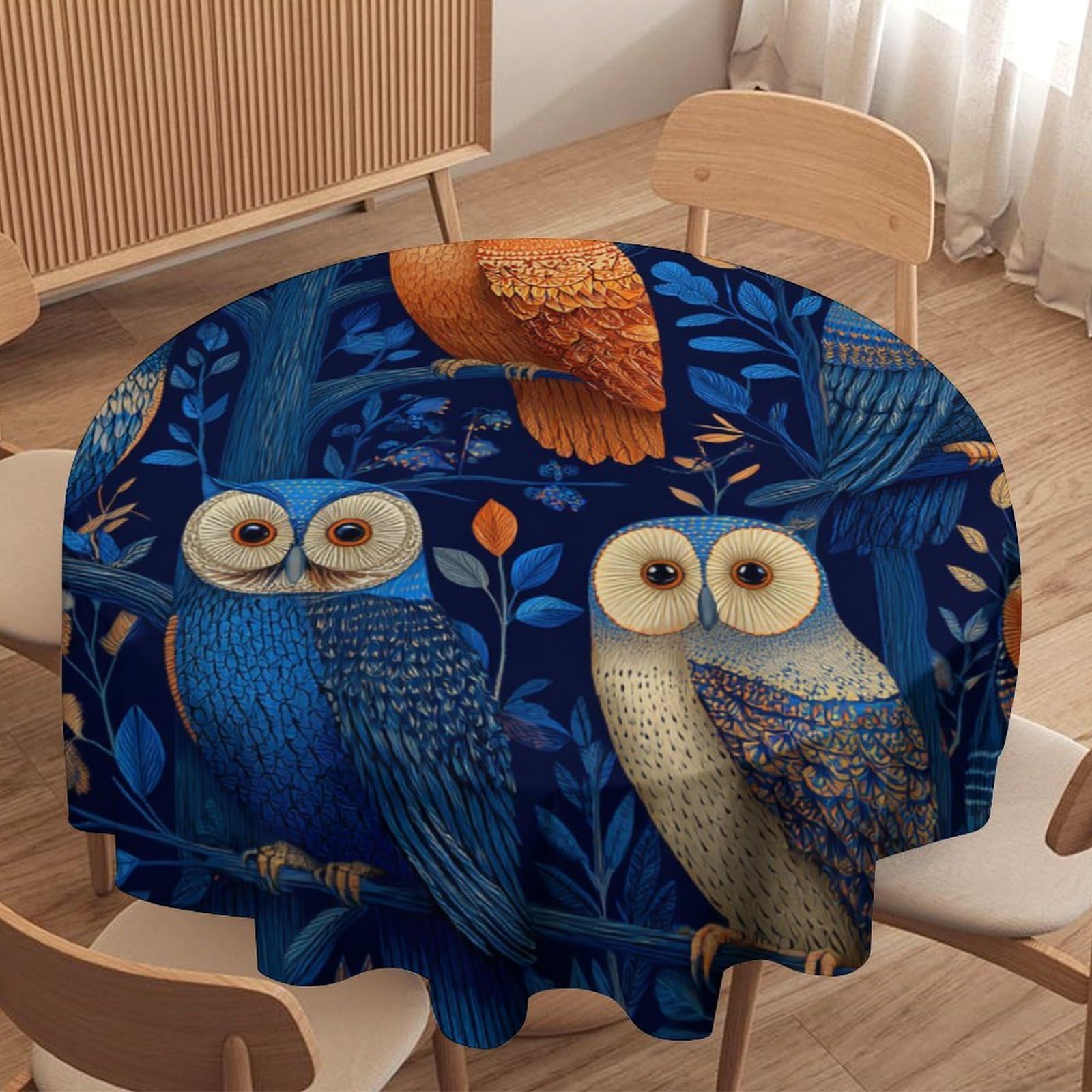 LUYYSKY Retro Rustic Owls Round Tablecloth Minimalist Oil Painting Animals Owls Plant Trees Pattern Washable Decor for Table Cover for Kitchen-70 Wx70 L