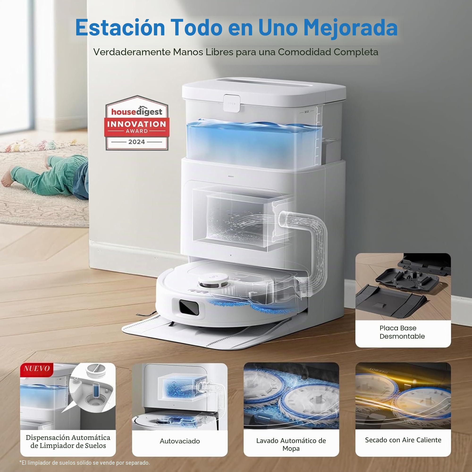 ECOVACS N30 Pro Omni aspriadora Robot con estación Vaciado, Lavada, Secado automáticos, 10 00 Pa, Cepillo antienredos ZeroTangle 2.0, Limpieza Agua Caliente 60 ℃, mopa adaptiva TruEdge, Blanco