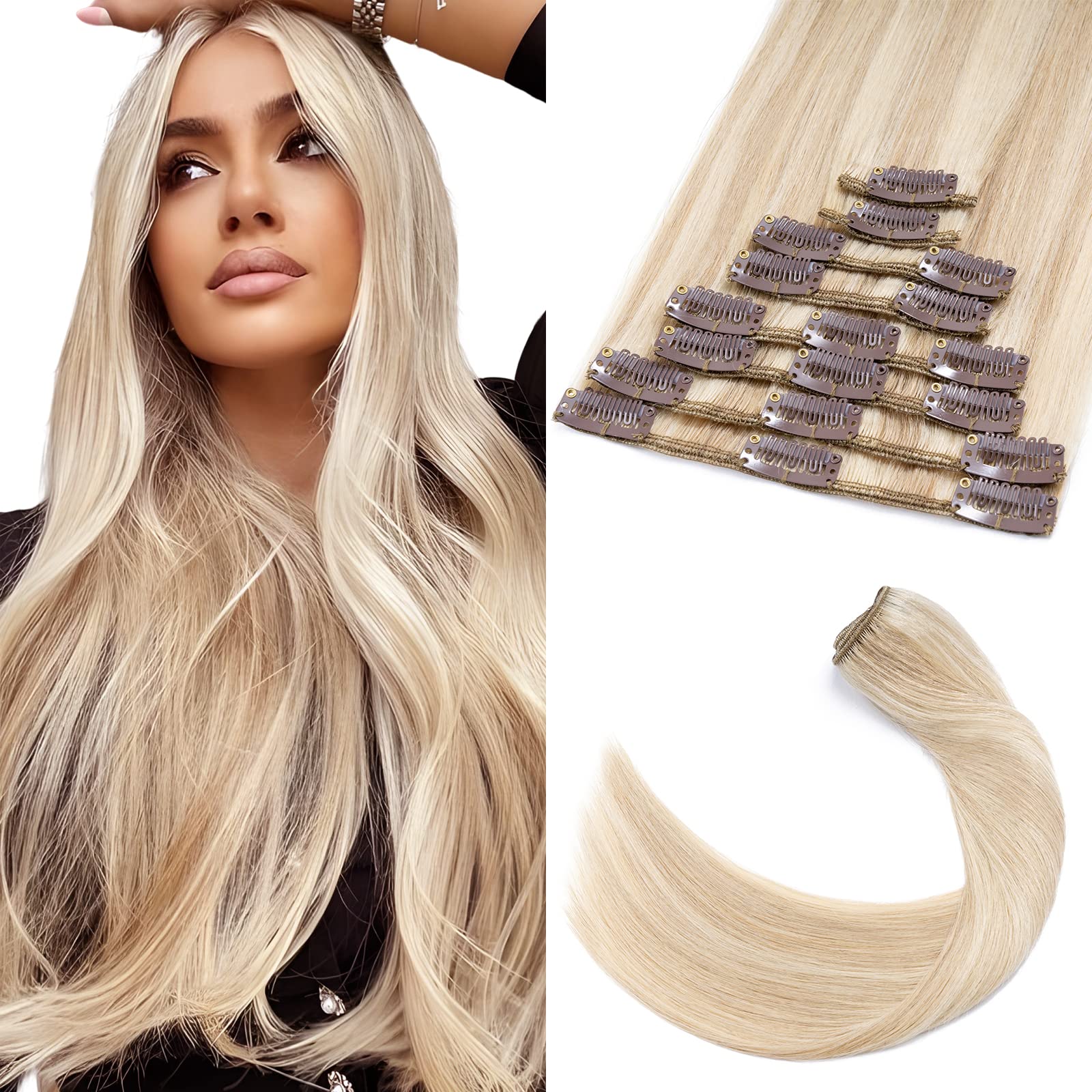 Elailite Voller Kopf Haarverlängerung Echthaar Clip -(8 PCS 18 Clips Hair Extensions Clip in Bayalage) - glatt, #18/613 Aschblond＆Gebleichtes Blond 60cm 80g
