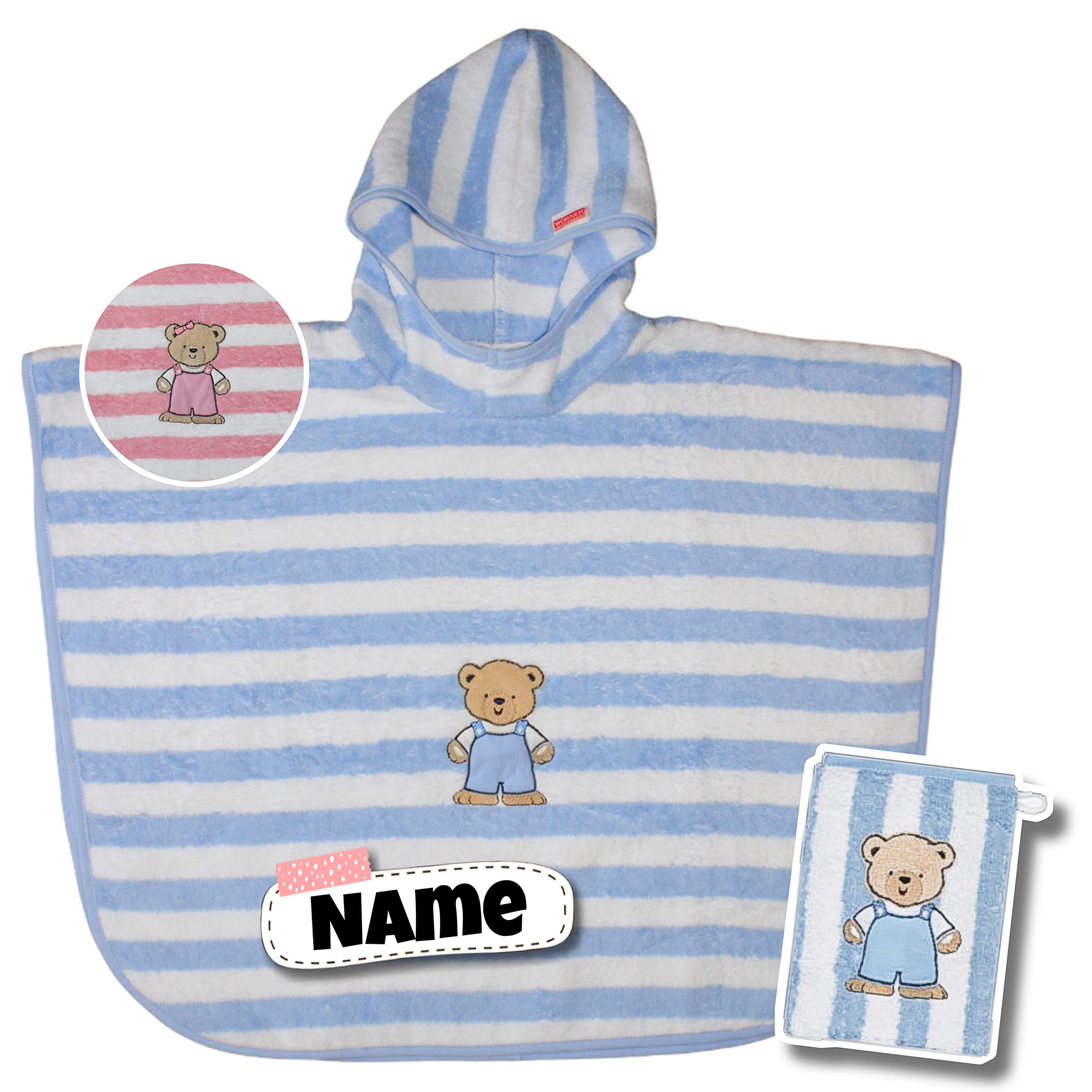 SET Kinder Poncho + Waschlappen personalisiert | 100% Baumwolle | personalisiert mit Namen | Baby Kapuze Bademantel | Badeponcho | Kinder Badetuch | bis 7 Jahre | gestreifter Teddy