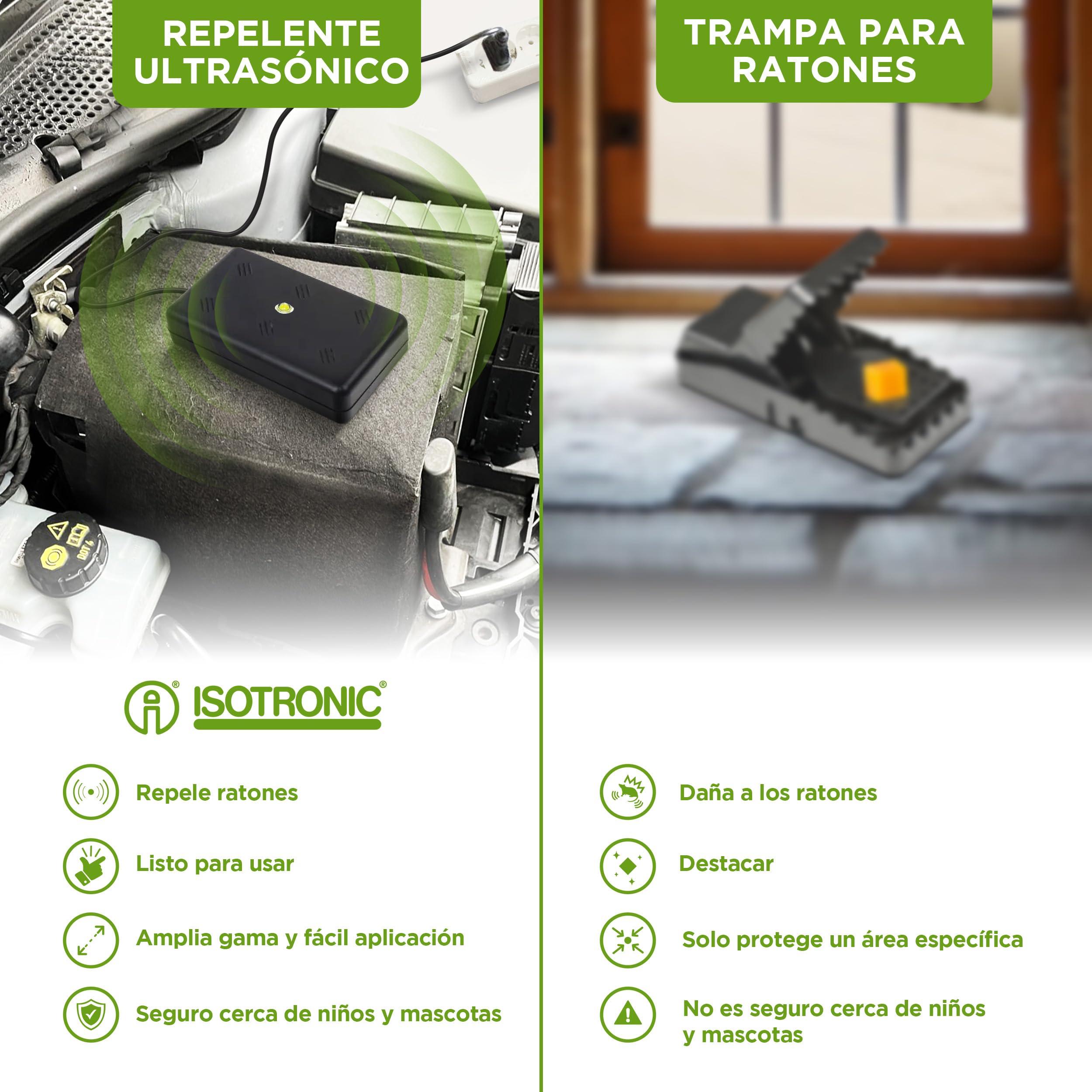 ISOTRONIC Repelente de Martas con Luz LED y Ultrasonidos — Disuasivo para Áticos, Garajes y Casas — Protección contra Ratones y Ratas — Alcance Efectivo 50 m² — Pack de 3 Unidades