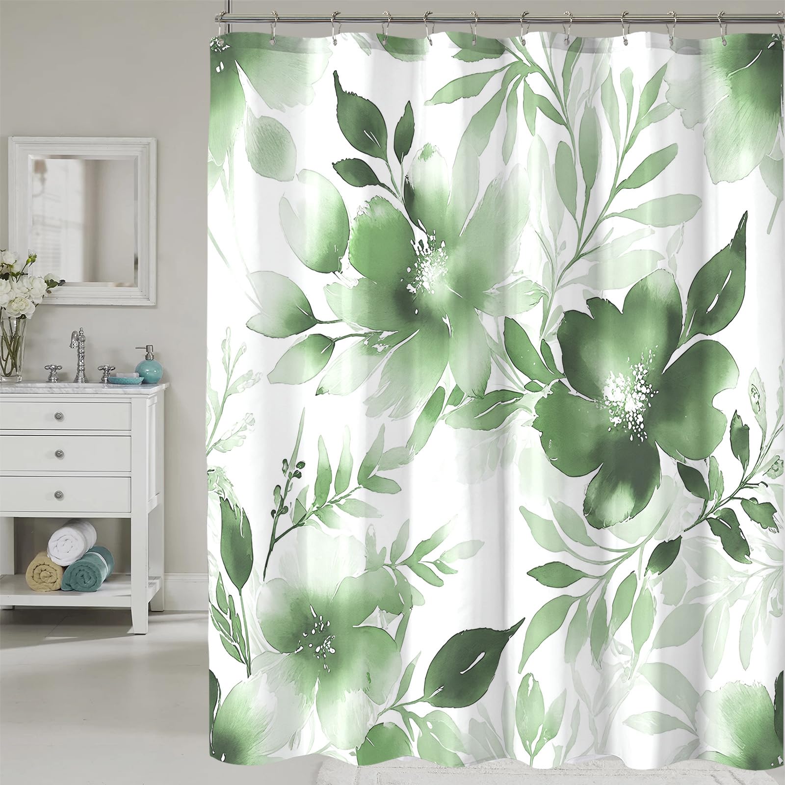 COSEVIER Floral Shower Curtain, Sage Green Watercolor Flower Shower Curtains for Bathroom, Modern Minimalist Waterproof Fabric Bath Curtain 72x72 Inch