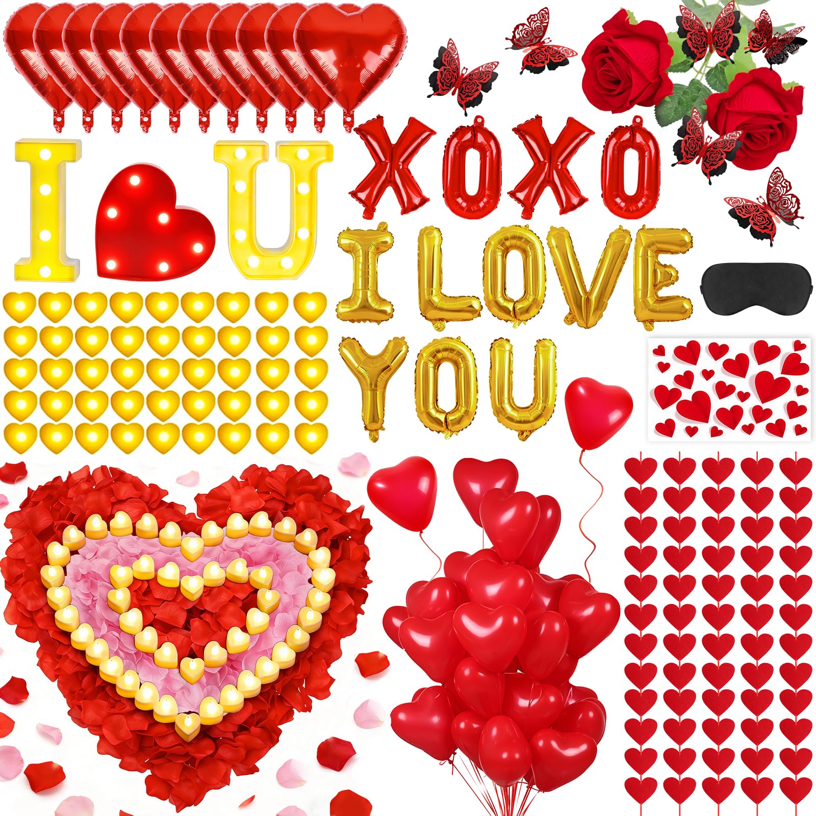 Decoraciones románticas para el día de San Valentín, noche especial, 6000 pétalos de rosa y 48 velas de corazón, globos y letrero "I Love You", decoraciones de globos de corazón para aniversario