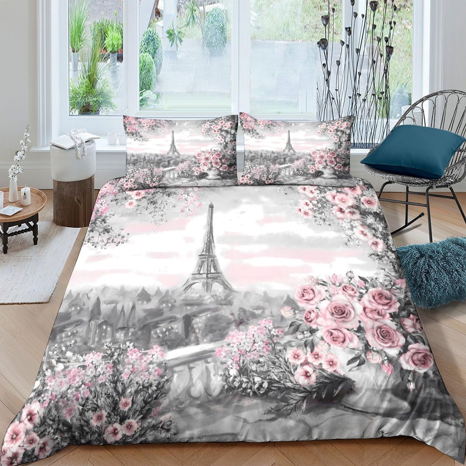TUFRTGYHN 3D Printed Eiffel Tower Floral Duvet Cover Set Microfiber Soft Breathable Paris Pink Bedding with 2 Pillowcases for Bedroom Decor Single（135x200cm）