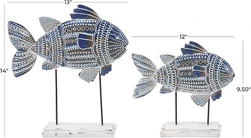 Miniatura 6 de Deco 79 Polystone - Escultura decorativa de peces tribales con detalles tallados blancos y detalles de espejo, juego de 2 figuras de acento de 14