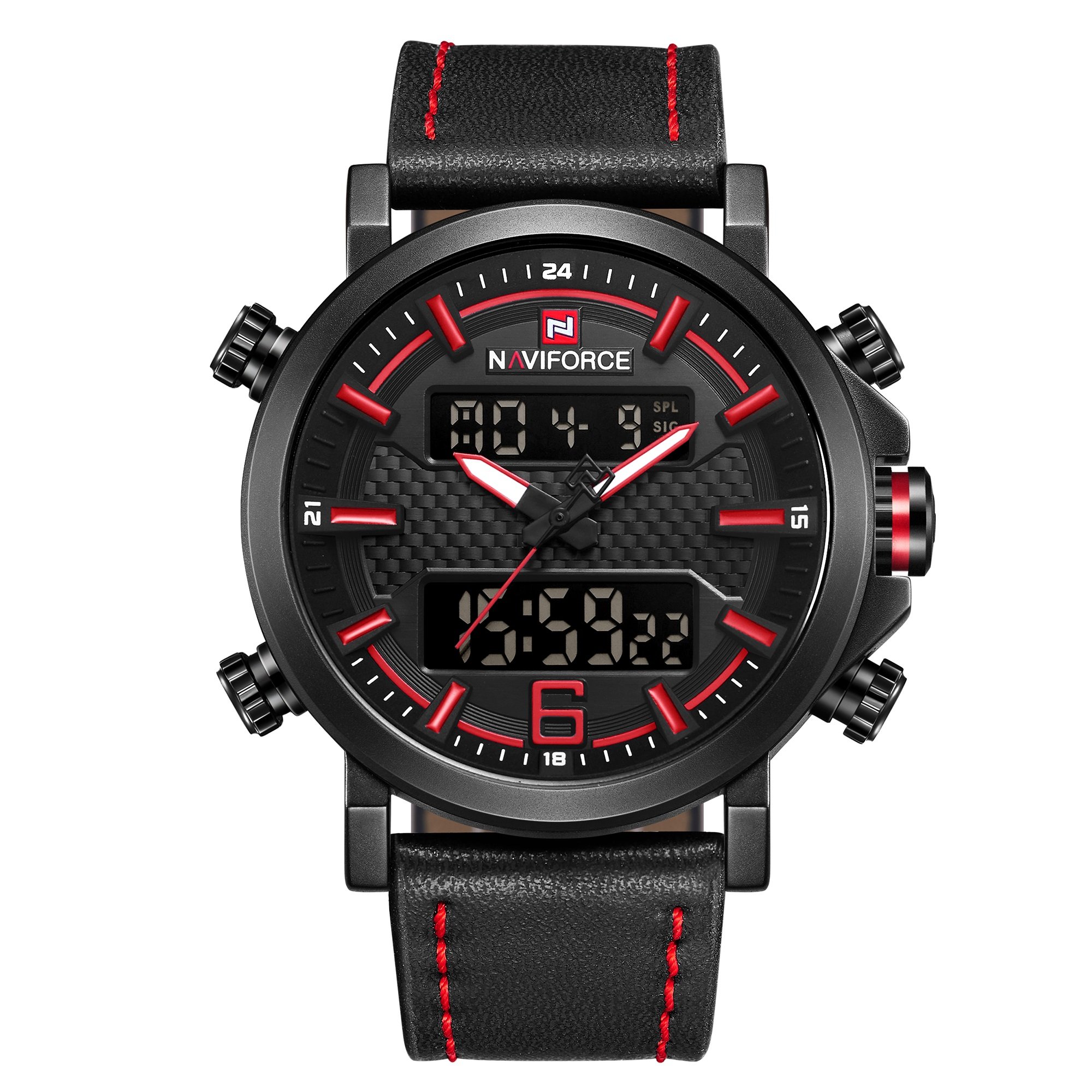 NAVIFORCE Black-Red Dual Time Leather Strap Watch for Men & Boys 9135 (B07XJQKMQZ) Amazon Price History, Amazon Price Tracker