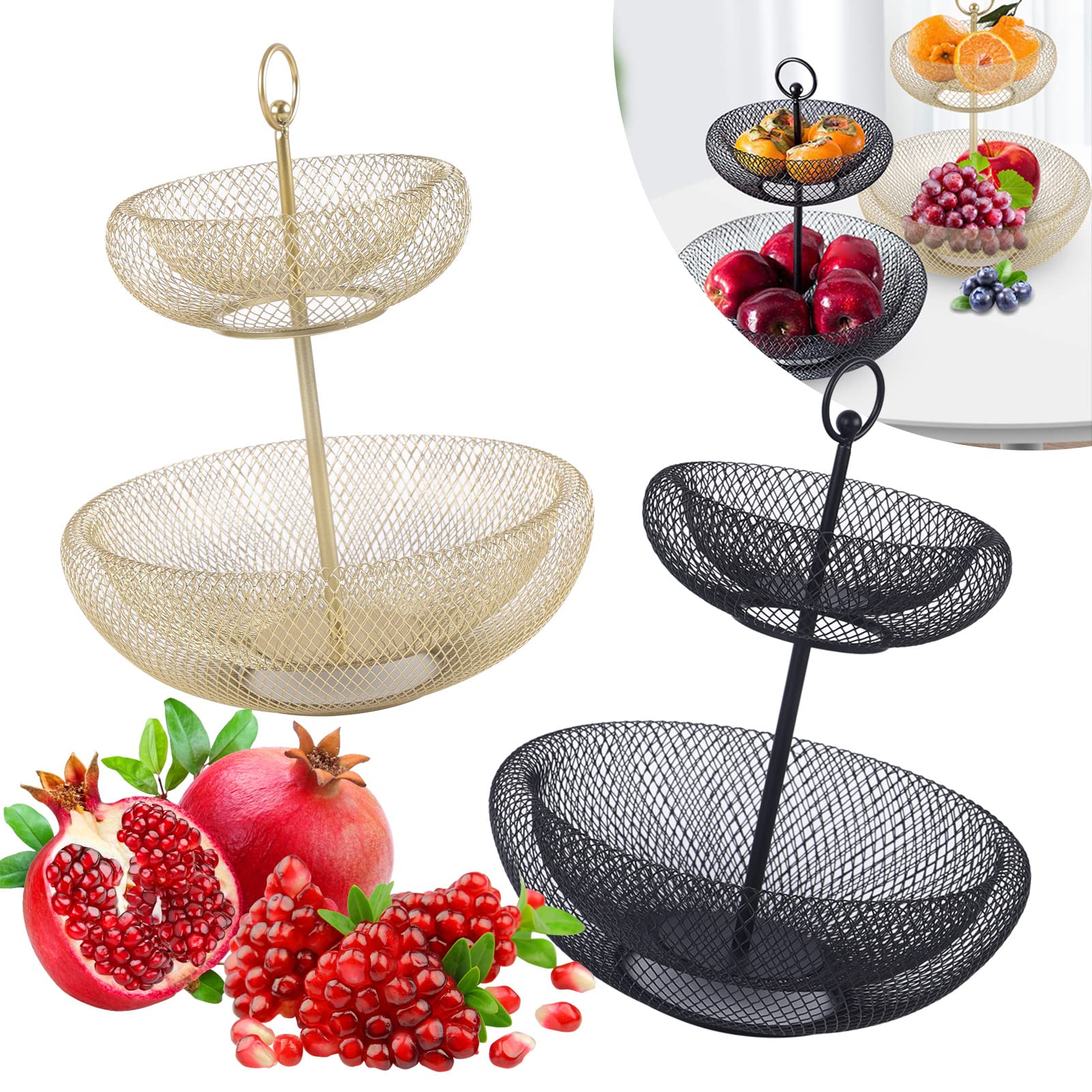 SailorMoon Cesto per frutta a 2 ripiani, portata 10 kg, in ferro, pratico cestino per frutta, per feste, matrimoni e uso in cucina, nero