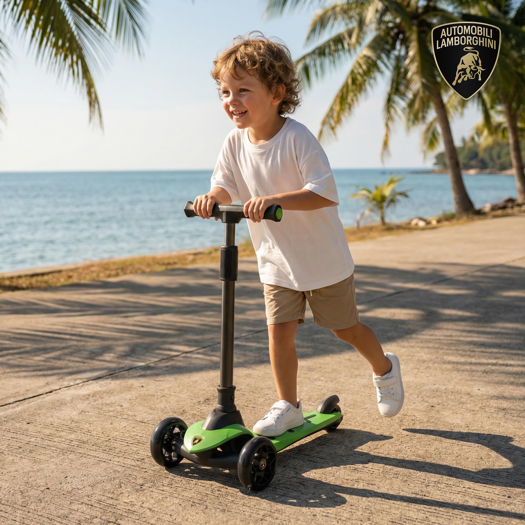 Lamborghini Kinder Roller Scooter ab 3 Jahren bis 50 kg - Tretroller mit 2 Lenkmodi, Leichter Aluminiumrahmen, PU-Leuchträdern, Hinterbremse, faltbar & höhenverstellbar
