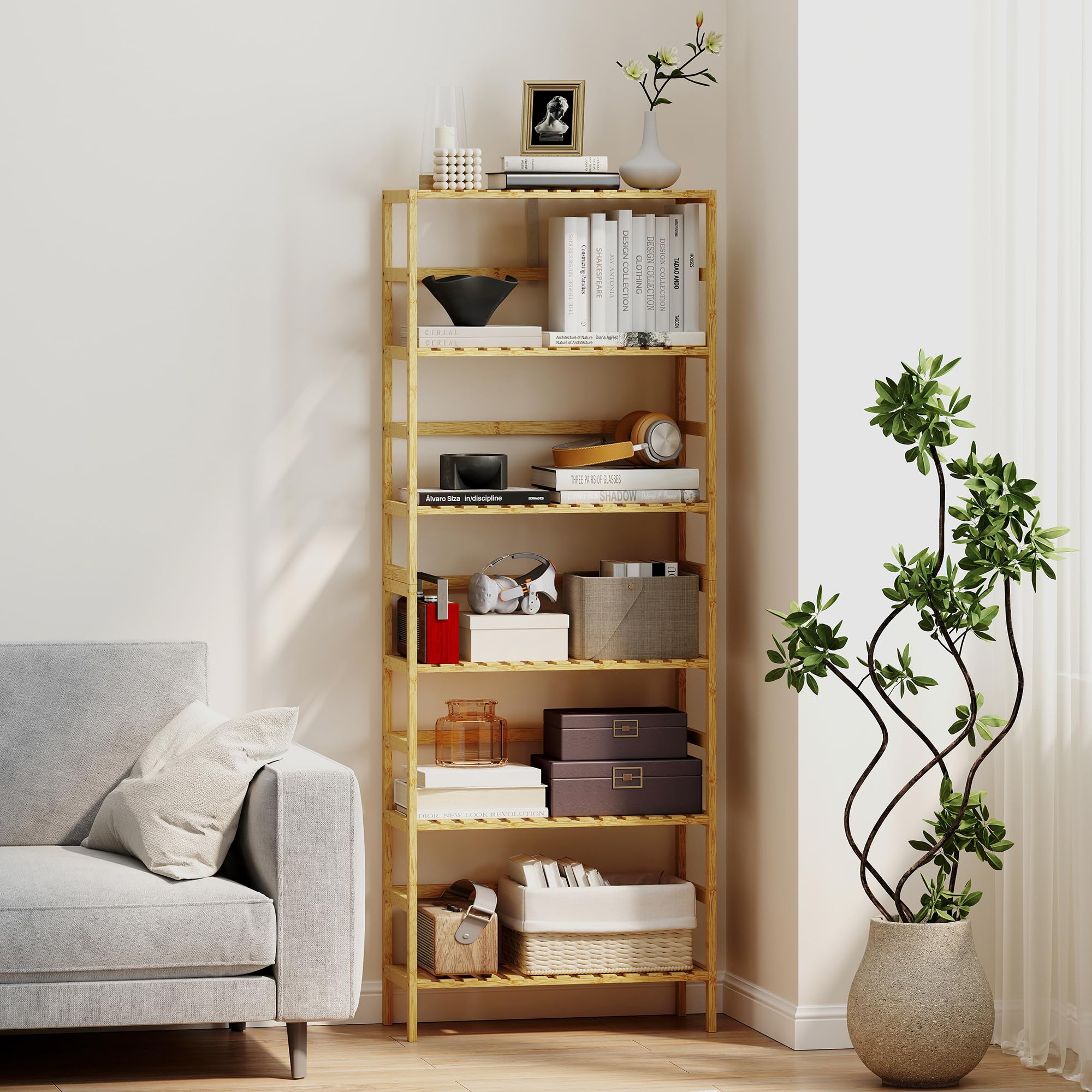 HOMCOM Scaffale Portaoggetti in Bambù a 6 Ripiani, Libreria Scaffale Moderno con Ripiani Regolabili, per Bagno, Soggiorno, Camera da Letto, Studio e Ufficio, Legno Naturale