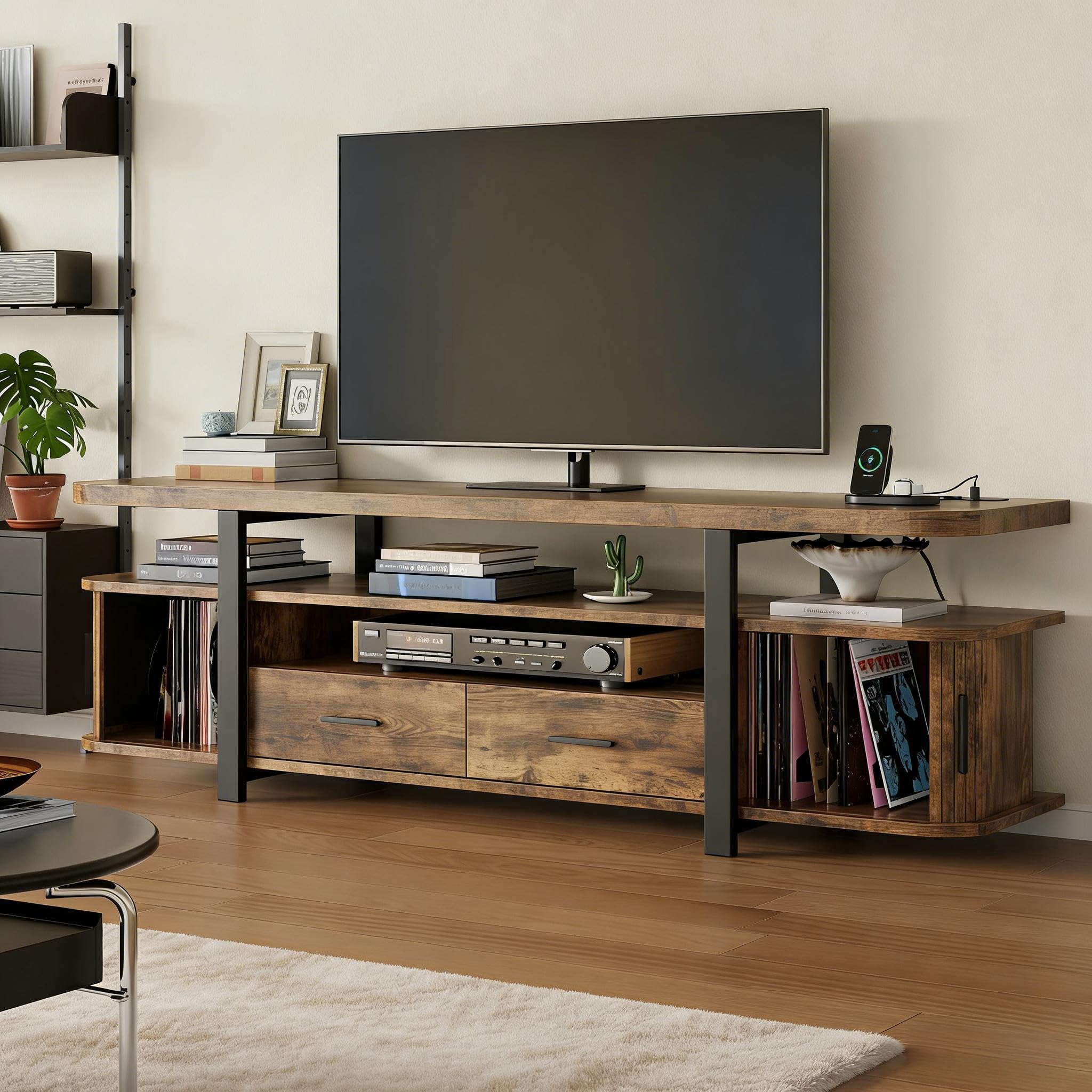 TV-Schrank,166cm TV Lowboard mit 2 Schiebetüren und 2 Schubladen,Fernsehschrank für TVs bis 70 Zoll,Fernsehtisch mit integriertes Kabelmanagement,TV Board,Fernsehschrank für Wohnzimmer,Vintagebraun