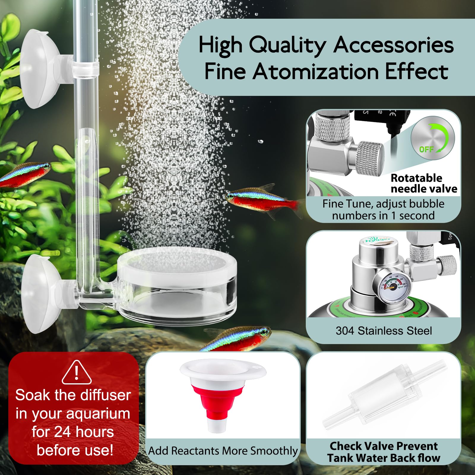 Générateur de CO2 d'aquarium Kit de réacteur de système 2L, kit Co2 Aquarium avec régulateur, vanne à Aiguille, solénoïde et Compteur de Bulles pour Aquarium planté Nano réservoir 20L - 60L