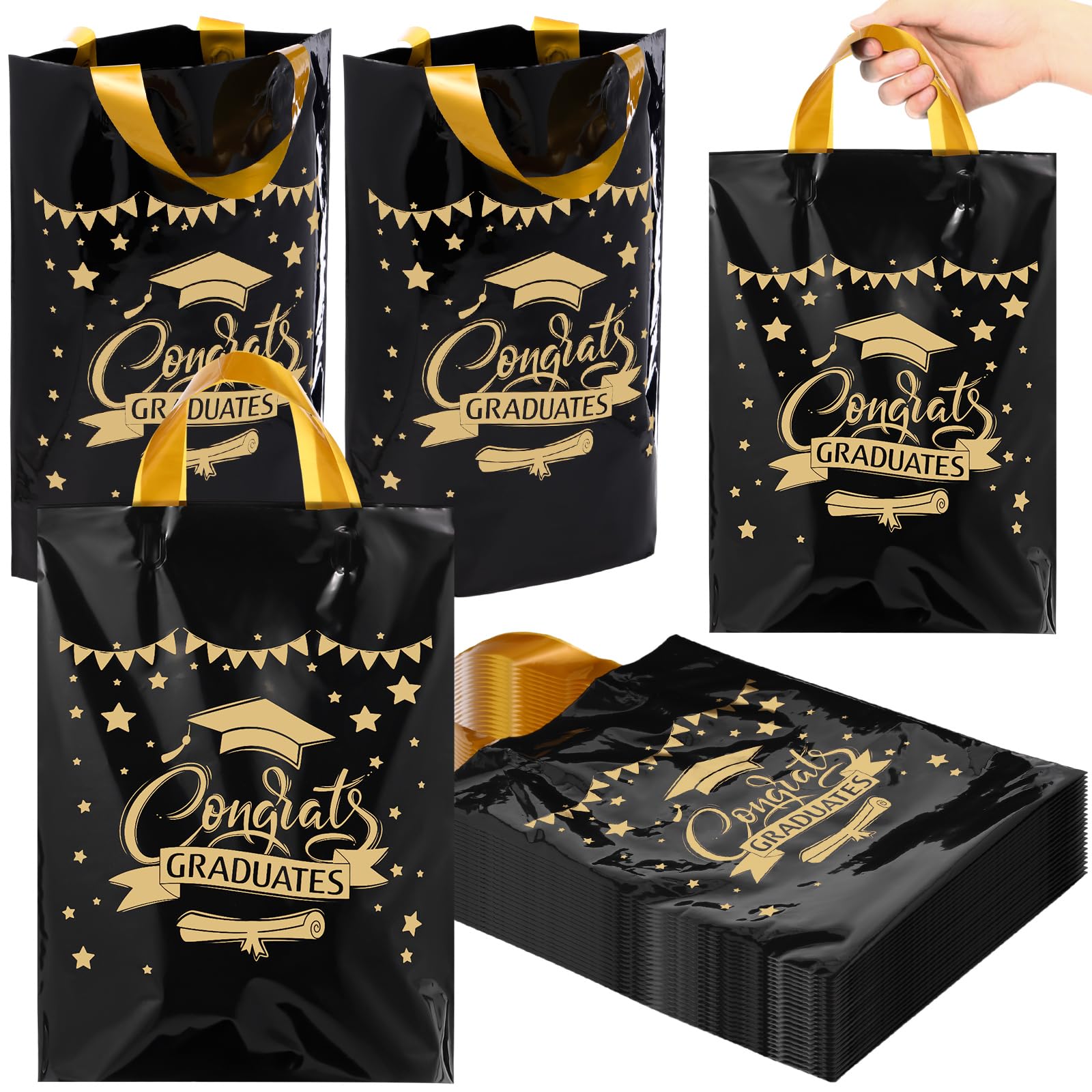 Kolldenn 50 Pcs Graduation/thank You Gifts Bags Employee Appreciation Goodie Bags with Handles Congrats Grad Reusable Plastic Party Favors for Gift Wrapping(Black Gold,Congrats Graduates)
