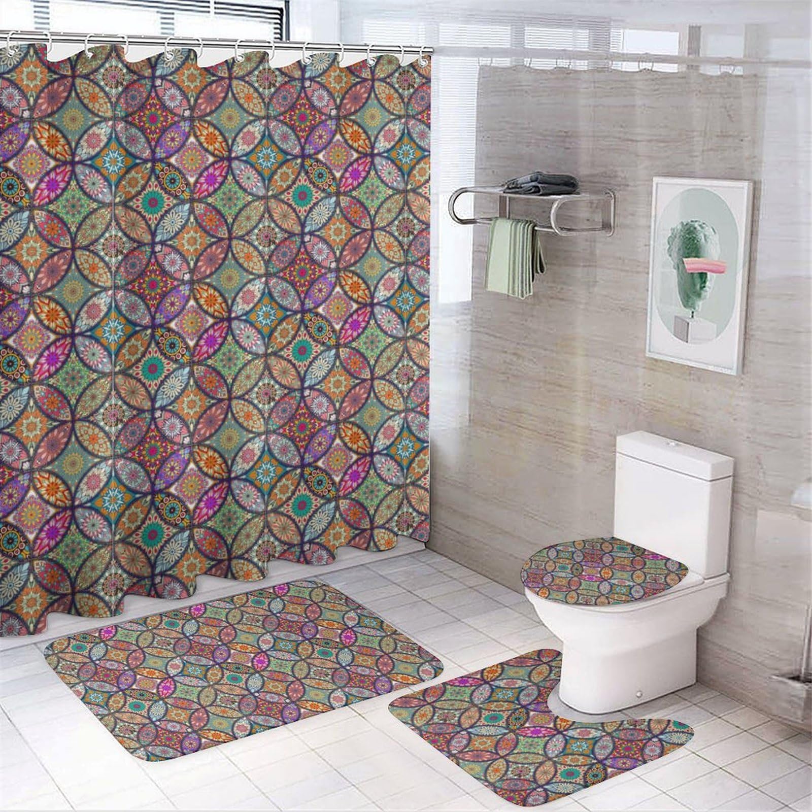 JZemdybill Bathroom Mat Set 4 Piece, Colerful Flower Shower Curtain with Non-Slip Bath Mats for Bathroom