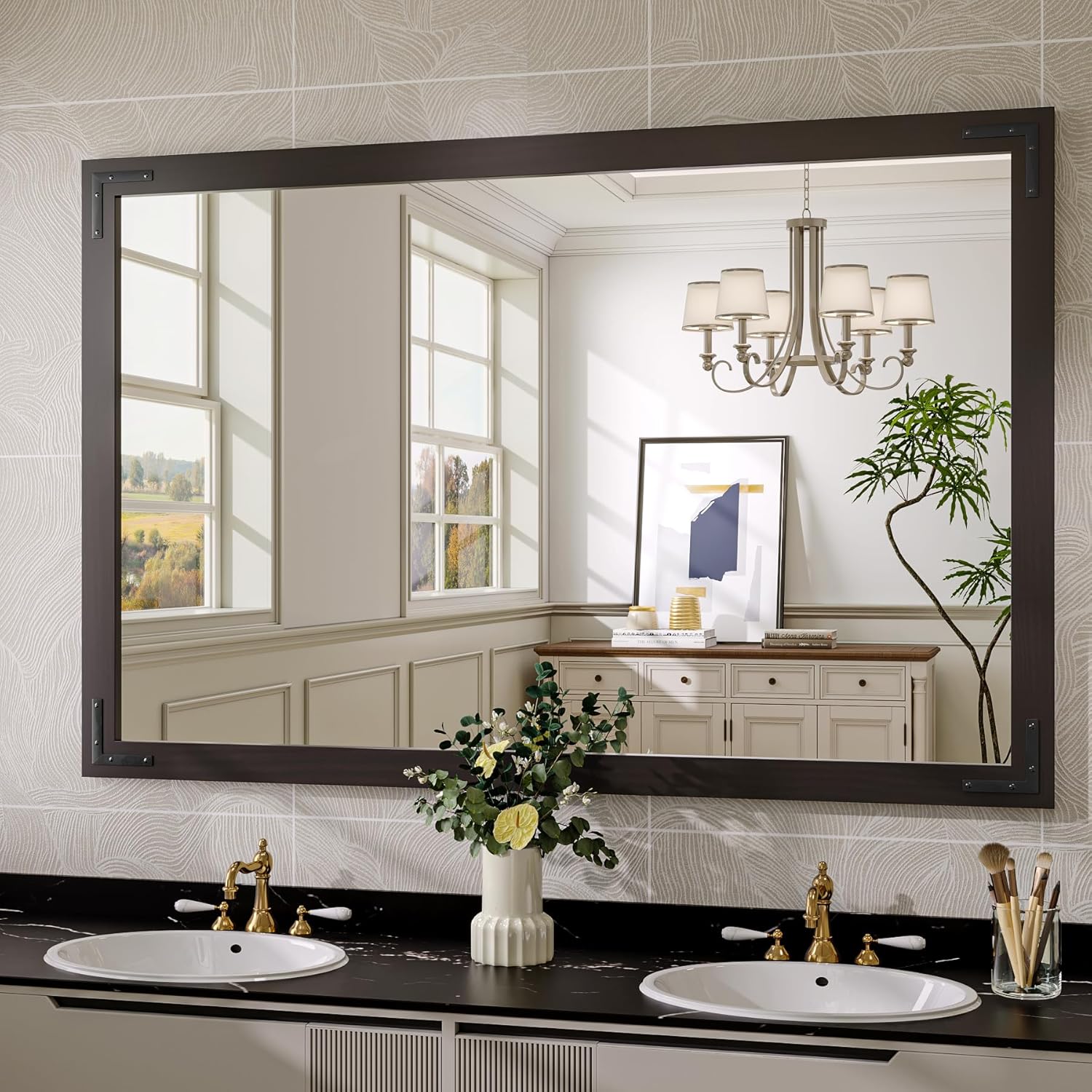 Black Farmhouse Bathroom Mirror, 55x36 Inch Black Wooded Framed Vanity Mirror for Wall, Rectangular Rustic Wall Decor Mirrors for Entryway Living Room Bedroom