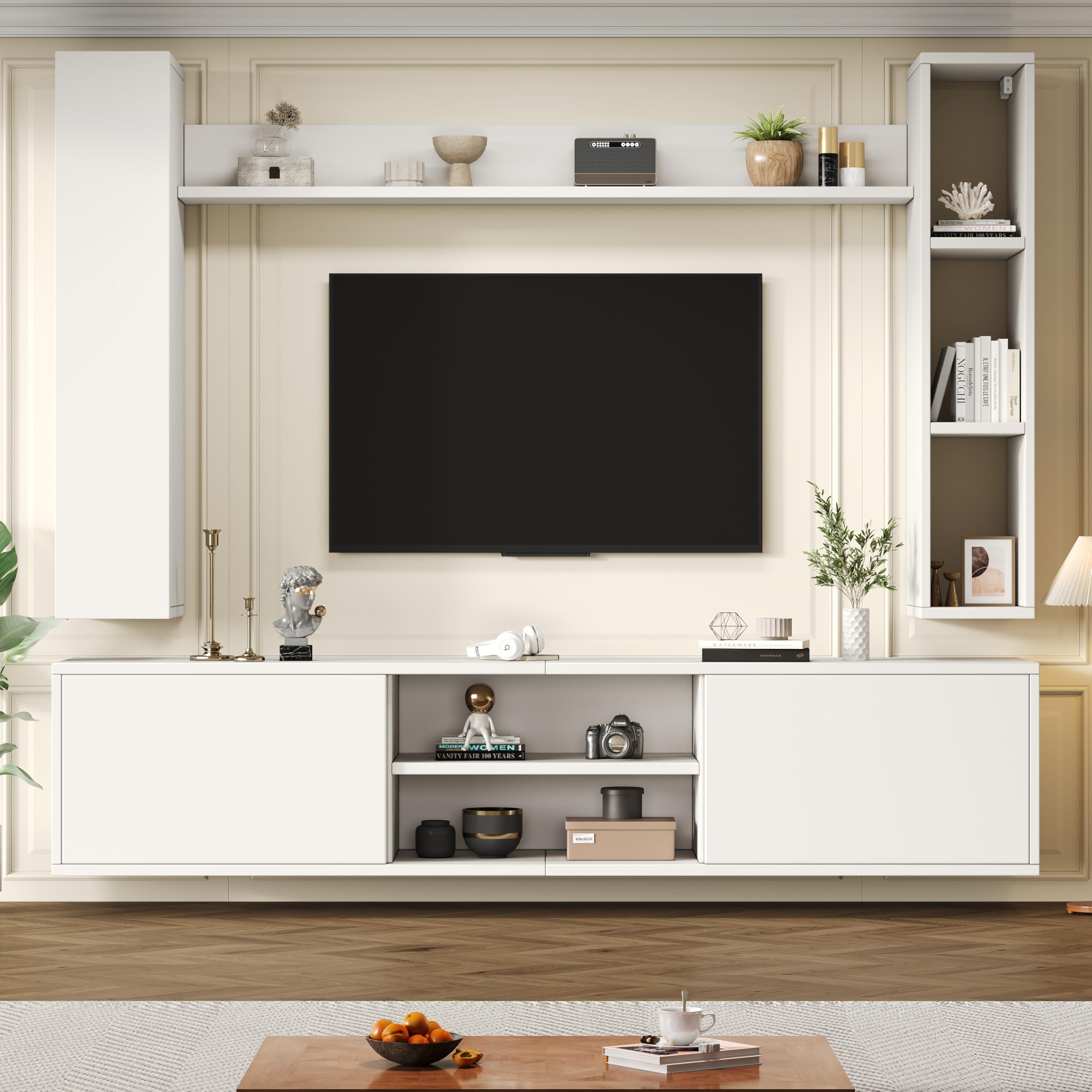 TIZZ Set da parete per TV, 180 x 35 x 33,5 cm, con vetrine (set completo, 4 pezzi), supporto per TV, mensola e 2 mensole da parete, set di mobili da soggiorno, TV in piedi e sospeso, TV fino a 80