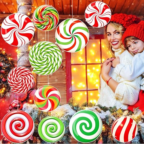 Miniatura 4 de Huwena 24 piezas de decoraciones navideñas para exteriores, adornos colgantes de menta, dulces, letreros de patio de doble cara, adornos de menta