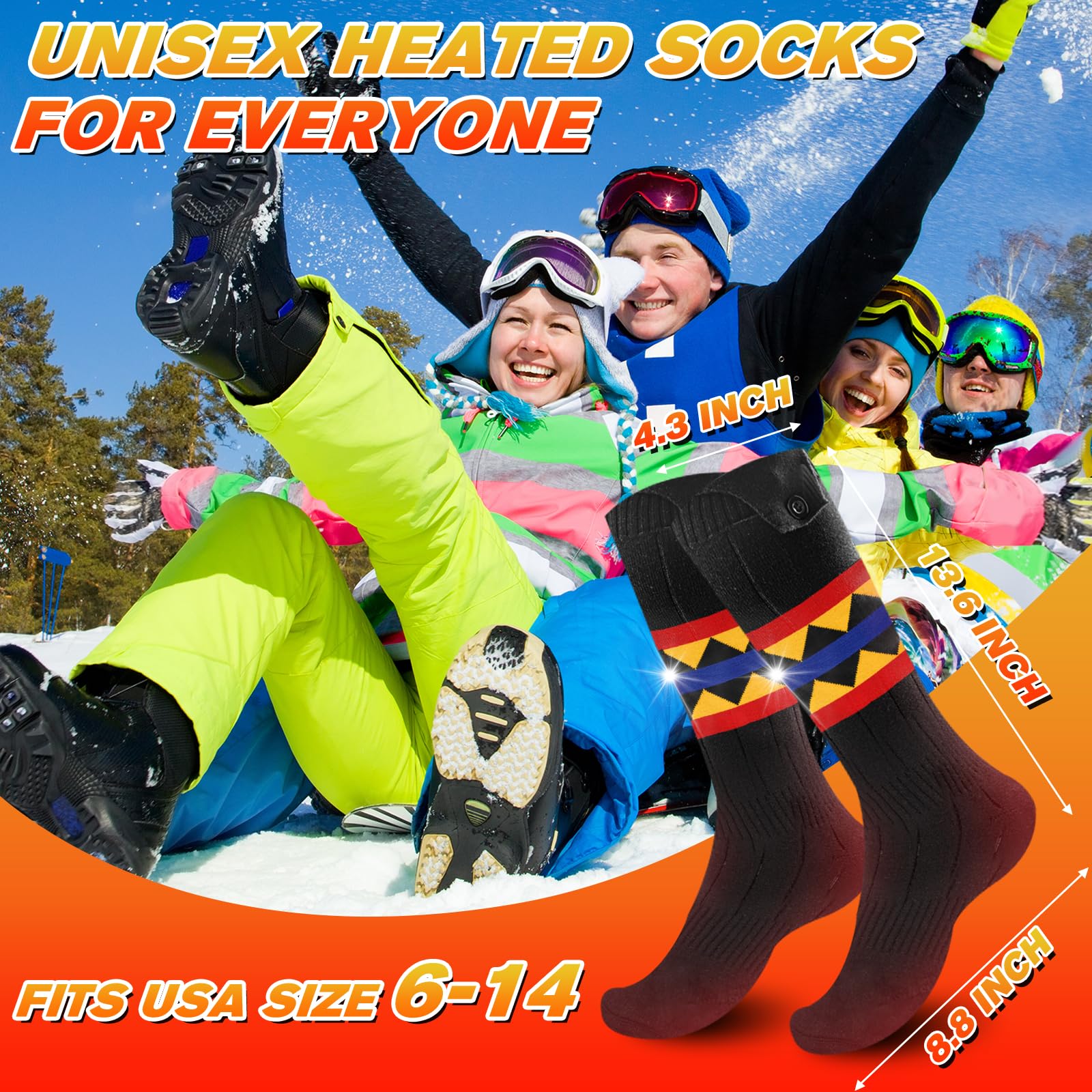 Beheizte Socken für Männer und Frauen, 5000 mAh, 5 V, wiederaufladbar, elektrische Heizsocken, bis zu 11 Stunden, 3 Heizeinstellungen, Fußwärmer, waschbar für Angeln, Skifahren, Reiten, Camping, Jagd