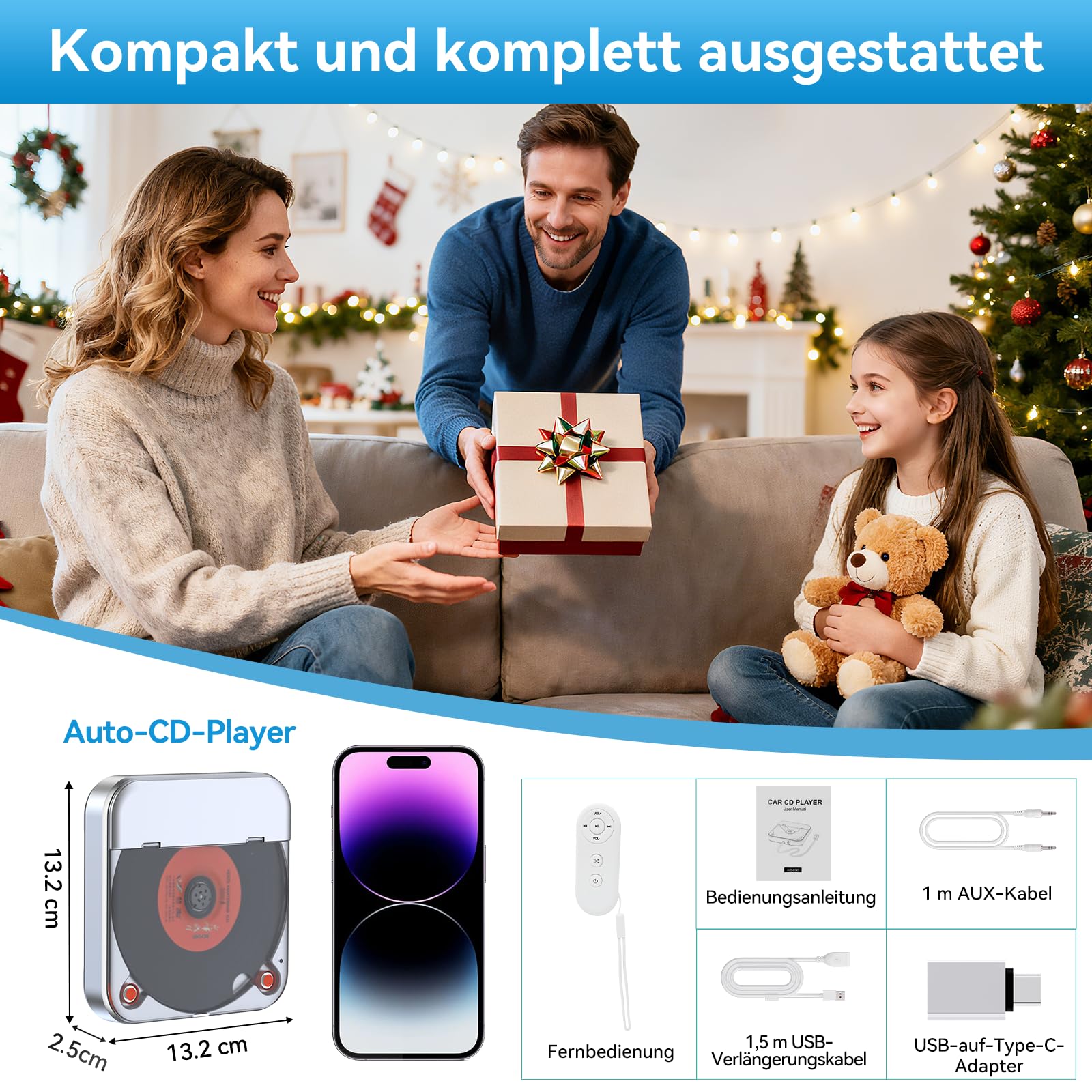 CD Player für Auto mit USB, CENXINY CD Laufwerk Externes mit AUX, Universal CD Player für Auto mit USB-Typ-C-Adapter, inklusive 1.5M USB-Verlängerungskabel,1 m AUX-Kabel,kompatibel mit Autoradio