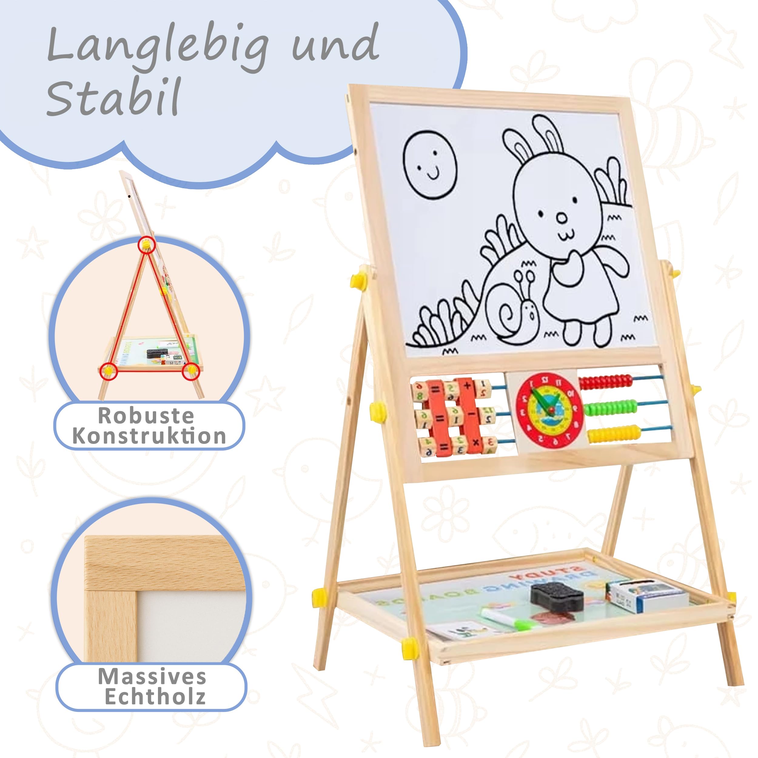 Montessori Board - Holztafel 6 in 1 – Magnetkreide Tafel für Kinder, Doppelseitig, Höhenverstellbar, Kreativitätsfördernd, Ideal für Lernen, Malen & Zählen, 1-6 Jahre