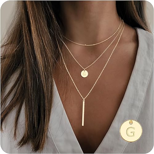 Miniatura 2 de Gold Initial Layered Necklaces for Women, 14K Gold Plated Coin Letter Necklace Skinny Bar Stacking Necklace Coin Necklace Layer Necklace Multi Bar