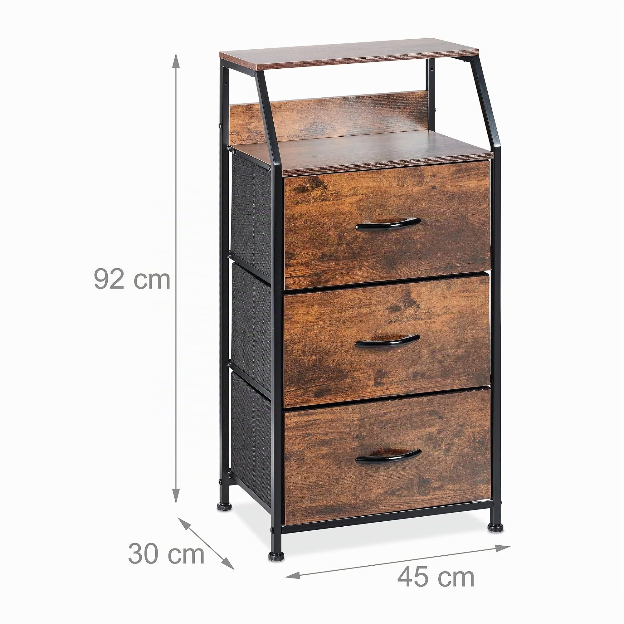 Relaxdays Cassettiera in Stile Industriale, Mobiletto con 3 Cassetti, 2 Ripiani, da Ingresso, 92x45x30 cm, Marrone Nero