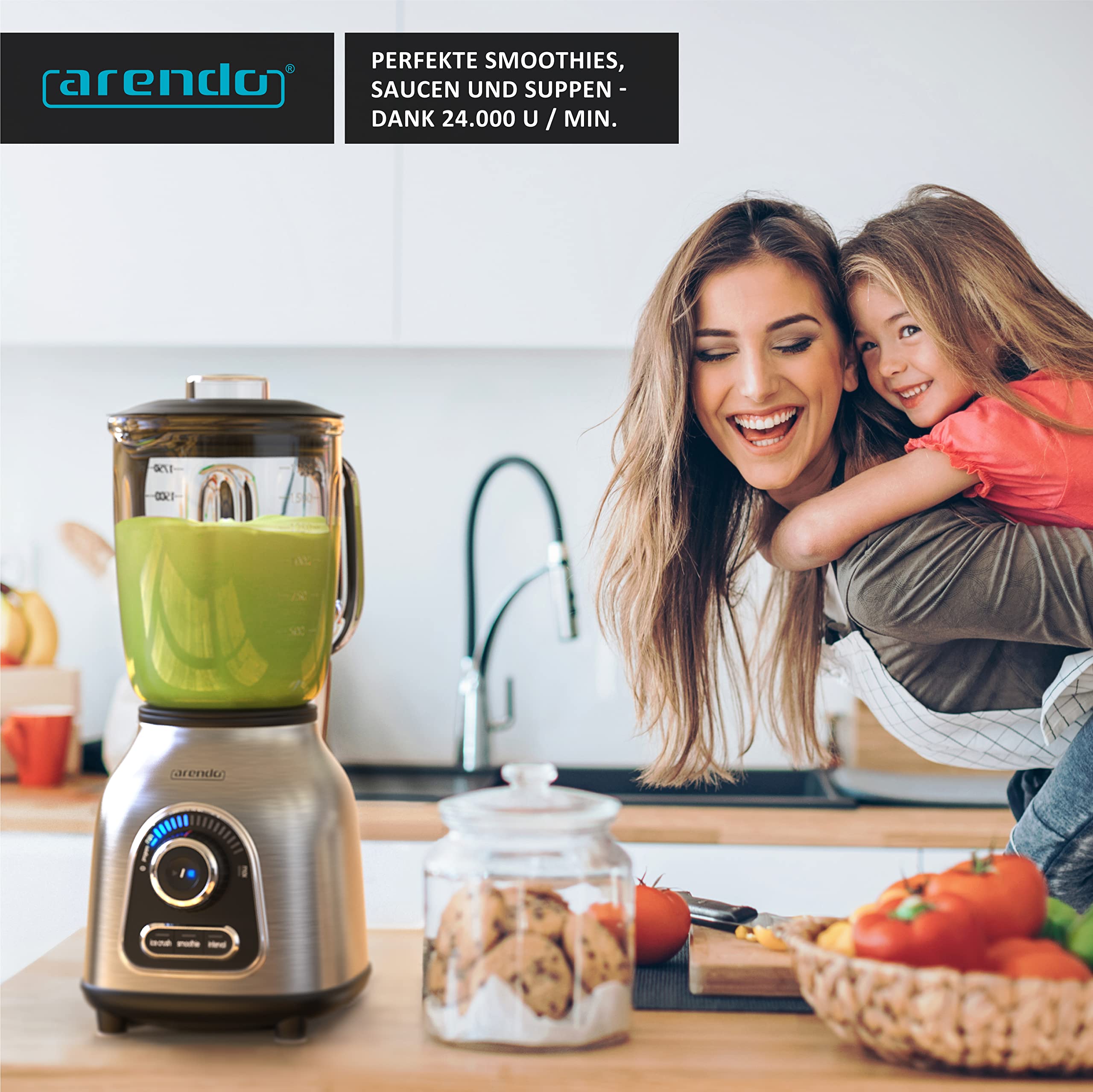 Arendo Standmixer Edelstahl 1400 Watt 24.000 U min inkl 1,75 l Glasbehälter Messbecher, kugelgelagertes Edelstahlmesser 6-flügelig, Crush, Smoothie, Impulsfunktion, 30 Leistungsstufen, 60 ml