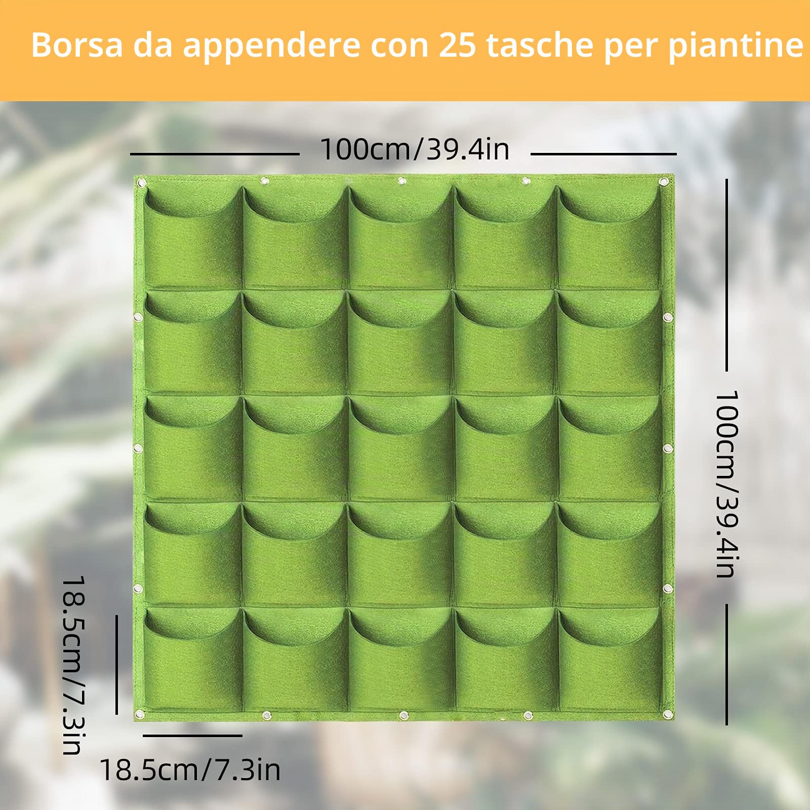 LITLANDSTAR Sacchetti per fioriere da appendere, 25 tasche, verticali da appendere alla parete, per coltivare piante e piante (1 m x 1 m, verde)