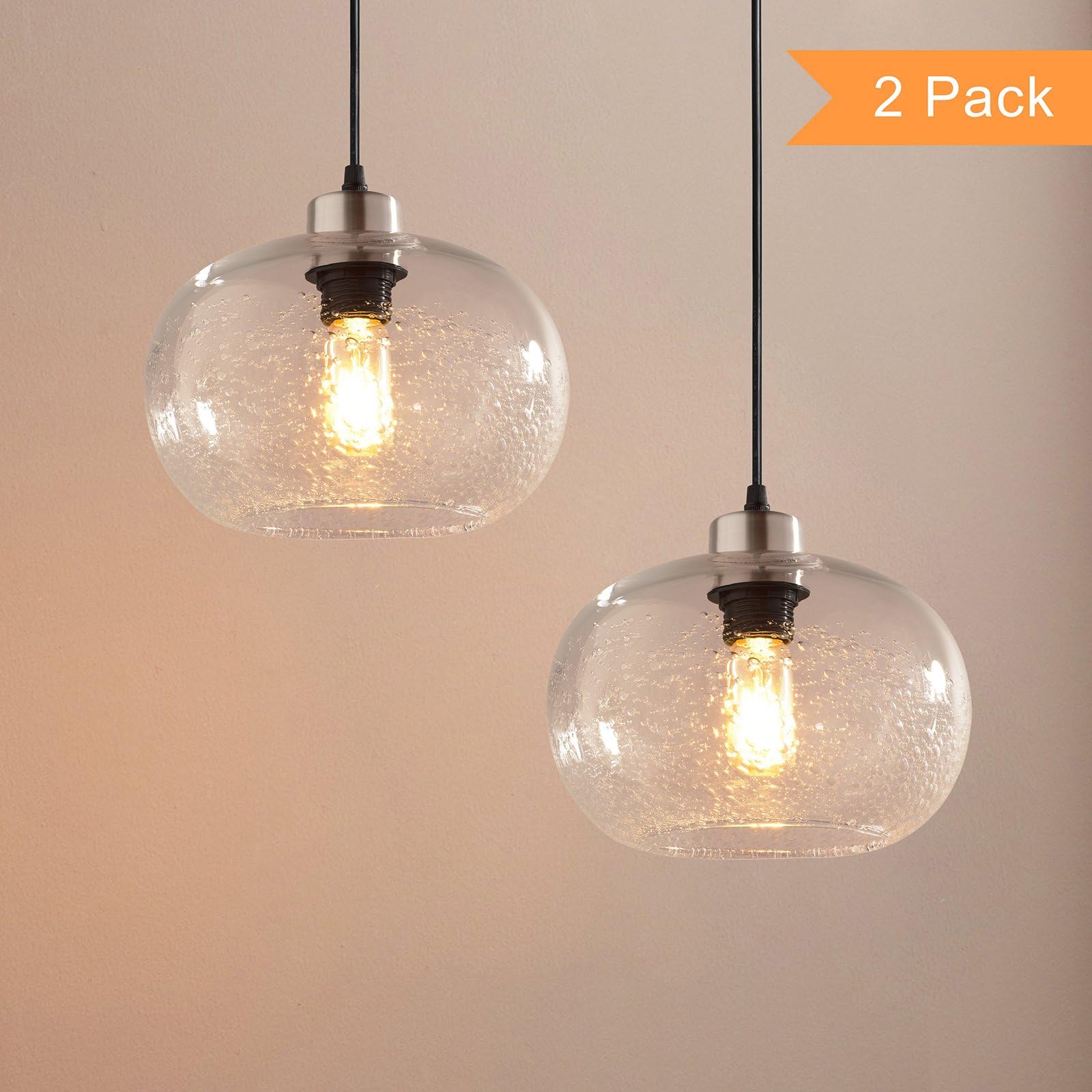 Casamotion Pendant Lighting Handblown Seeded Glass Drop Ceiling Lights, Rustic Globe Hanging Light, Clear, 2-Pack