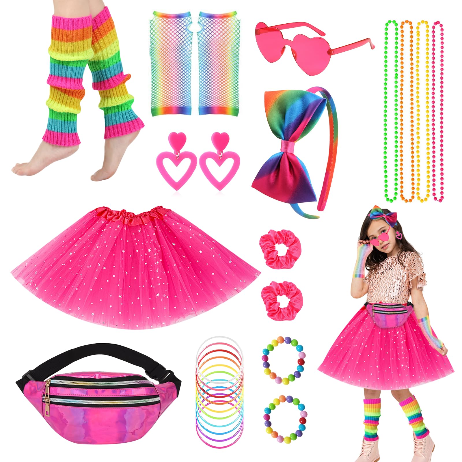 80S Fancy Dress Costume For Girls, 28Pcs 1980S Neon Party Accessories Set With Tutu Skirt Fishnet Gloves Leg Warmers Earrings Bracelets Necklaces Glasses Fnacy Accessories for 80S 90S Party Cosplay
